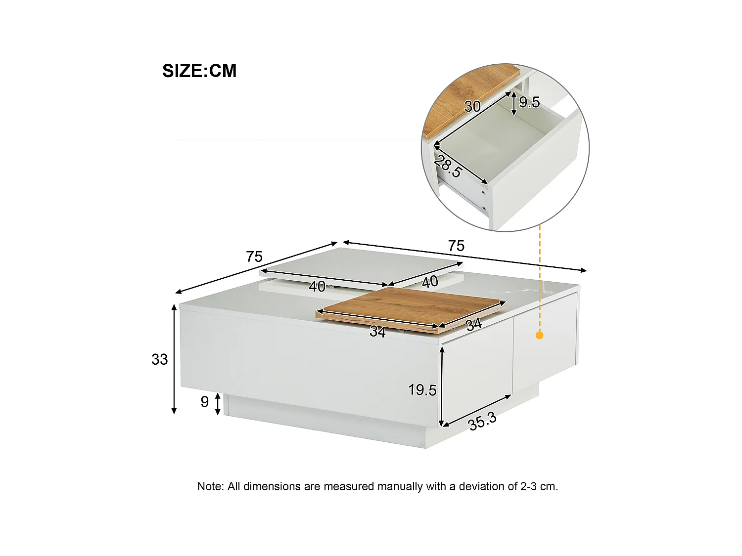 Table basse carré 75x75x33,5cm - avec 4 tiroirs - Blanc