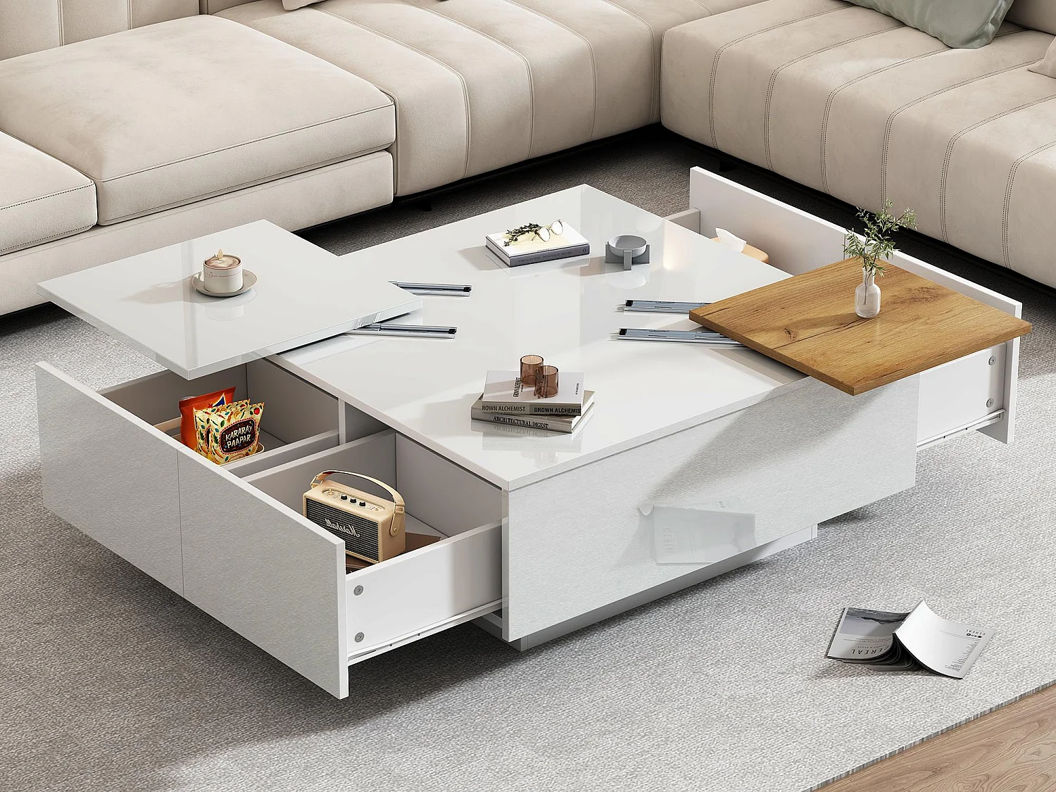 Table basse carré 75x75x33,5cm - avec 4 tiroirs - Blanc