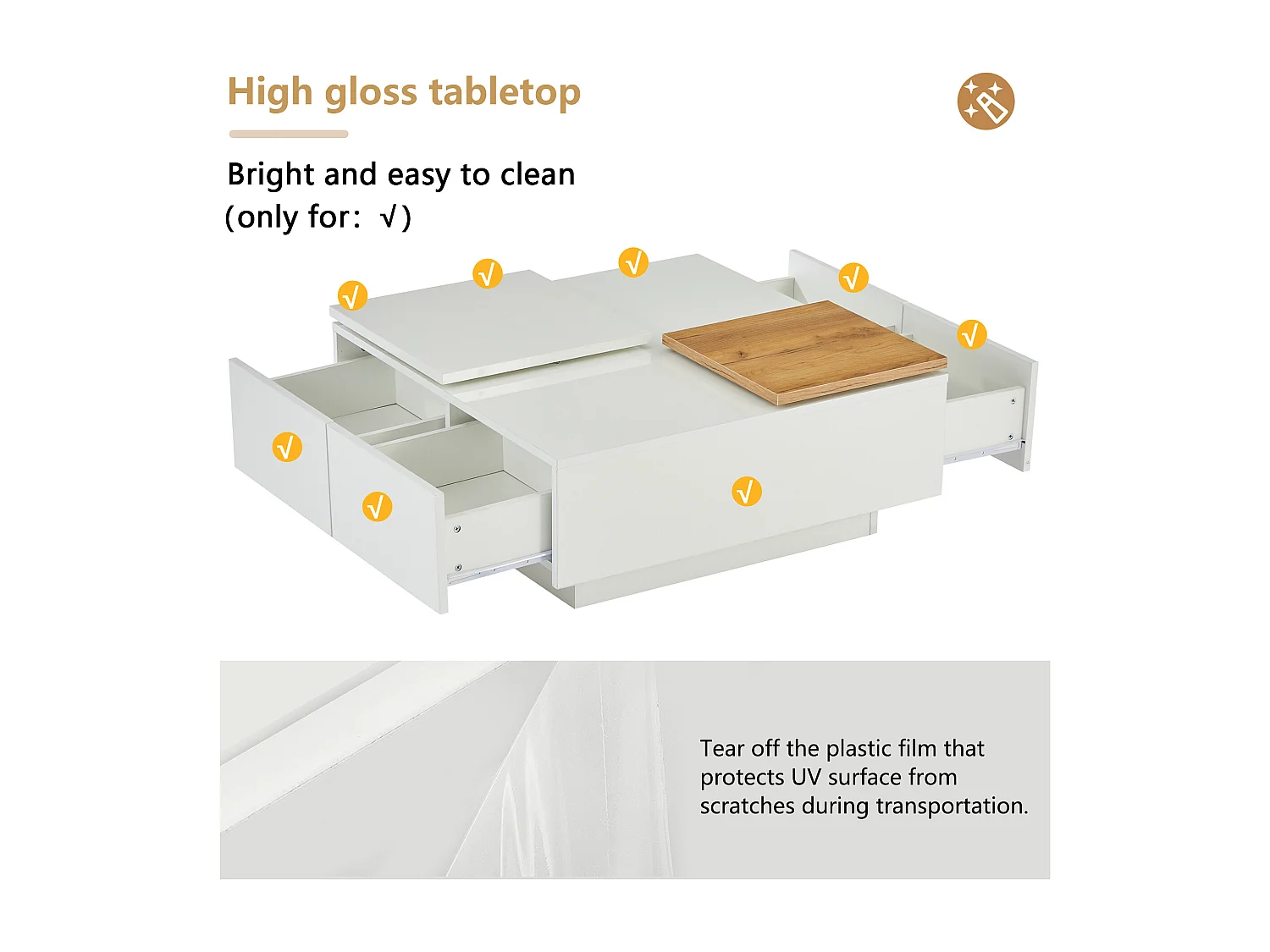 Table basse carré 75x75x33,5cm - avec 4 tiroirs - Blanc