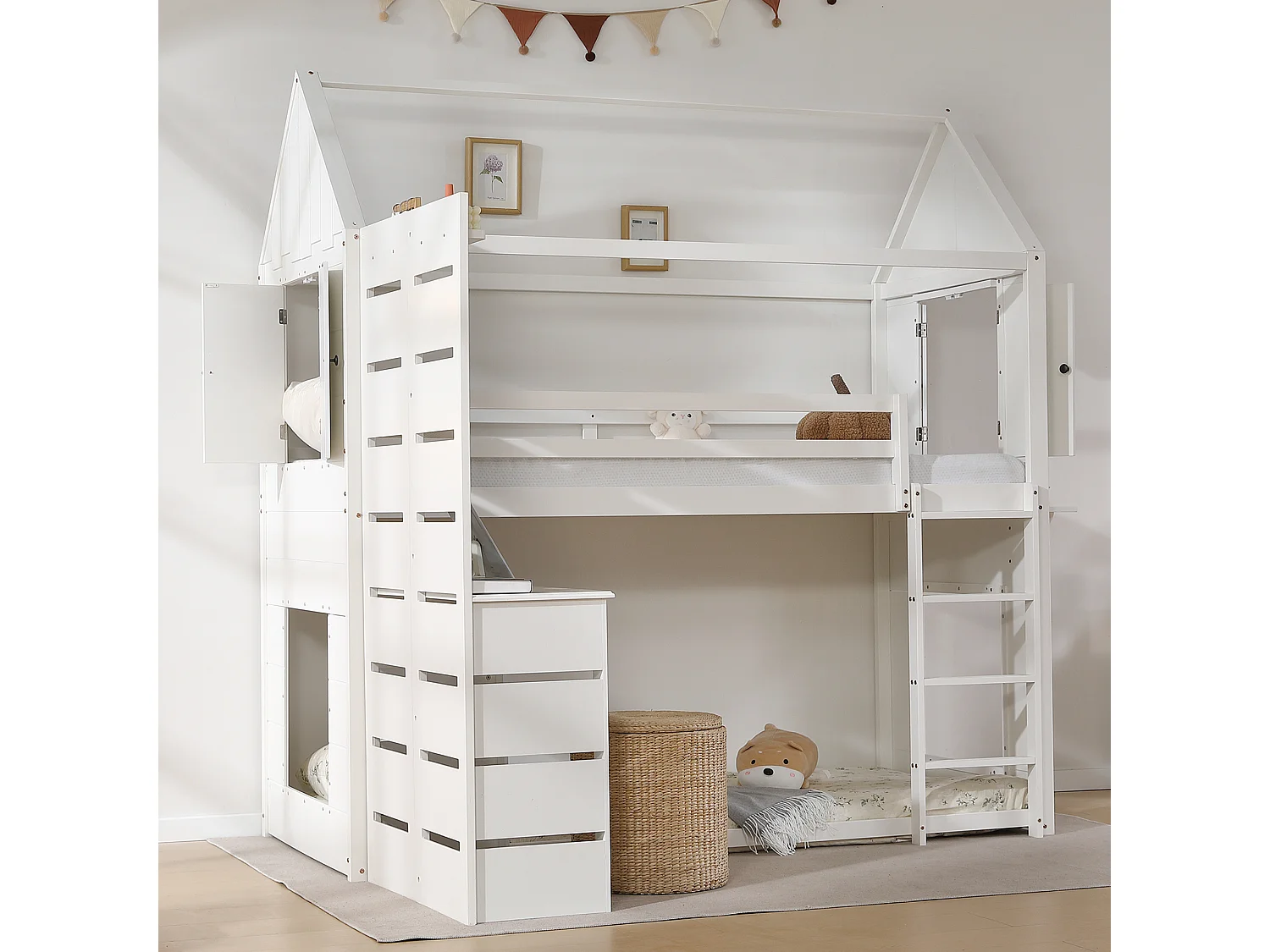 Hochbett 90x200 cm aus Massivholz – mit Schreibtisch und Leiter – Weiß