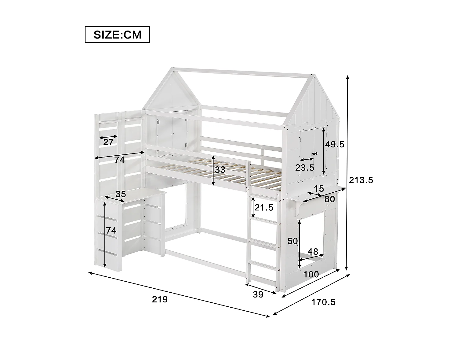 Hochbett 90x200 cm aus Massivholz – mit Schreibtisch und Leiter – Weiß