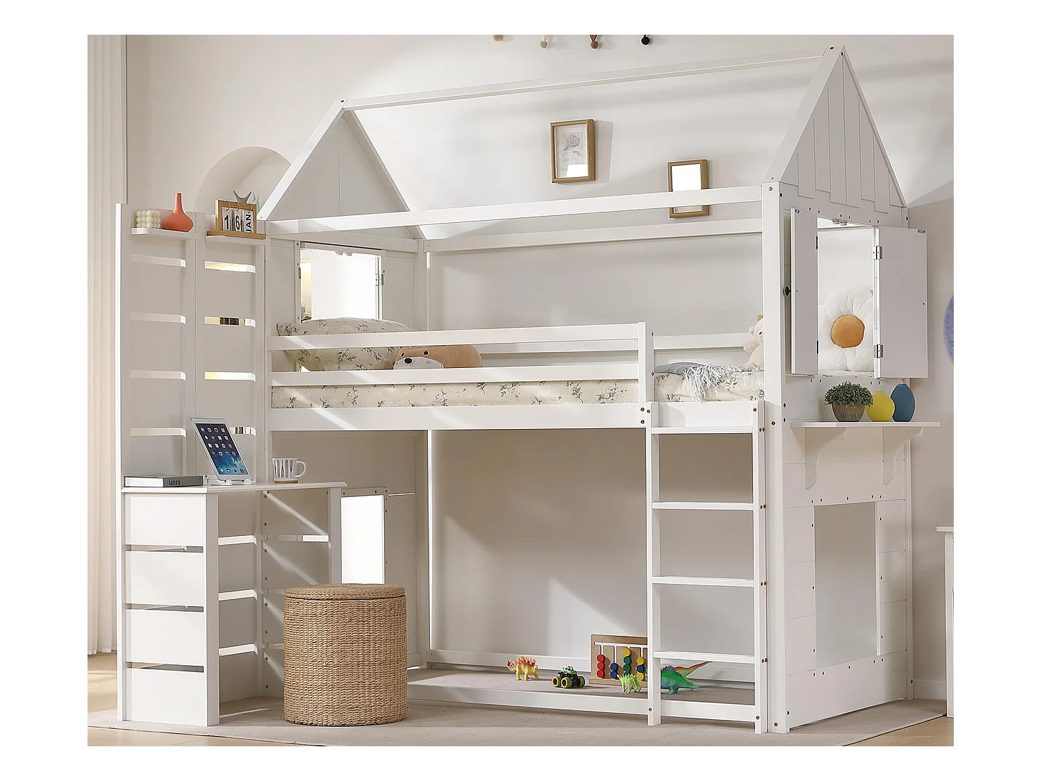 Lit mezzanine 90x200 cm en bois massif - avec bureau et échelle - Blanc