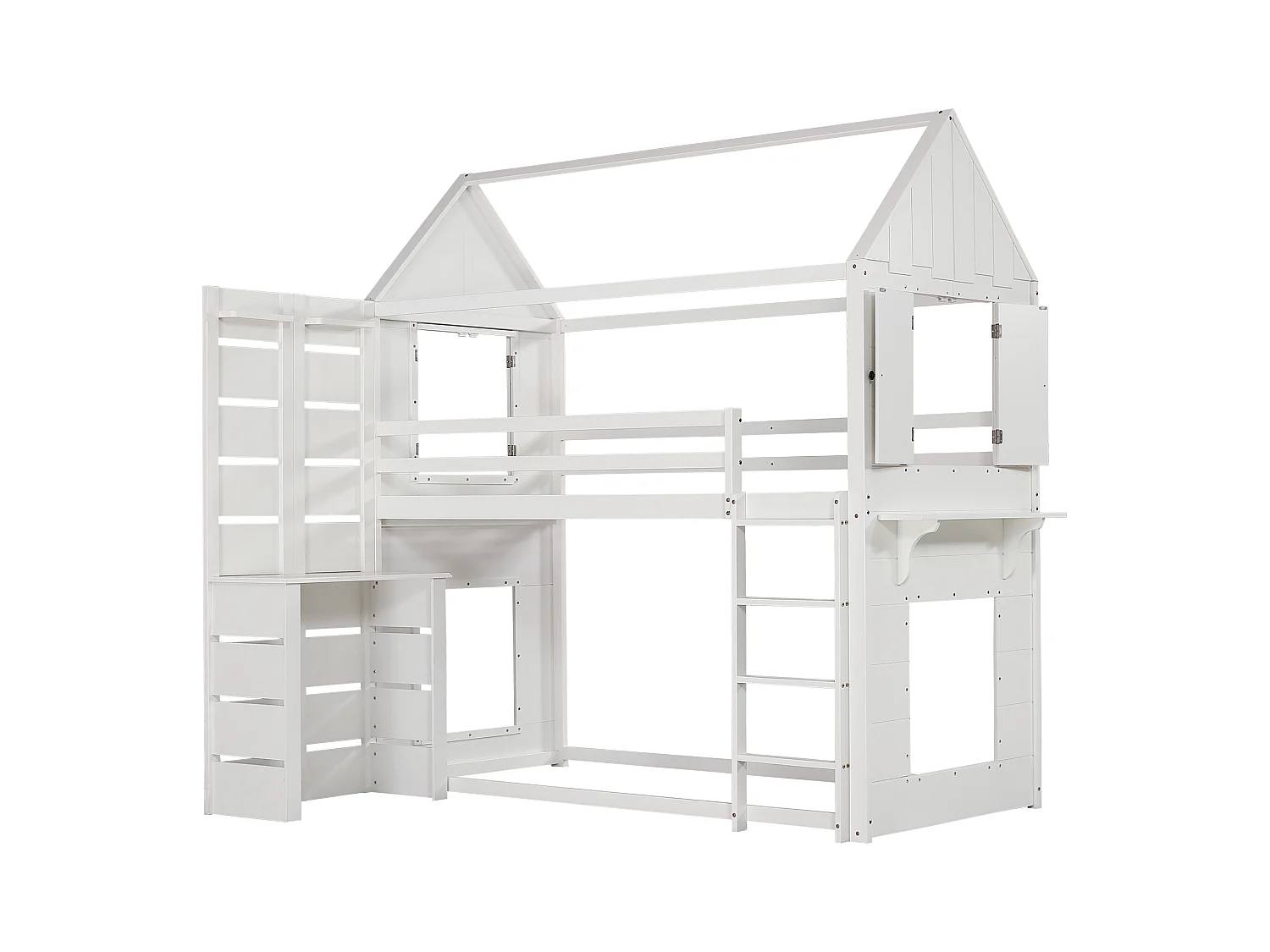 Cama alta 90x200 cm de madera maciza - con escritorio y escalera - Blanco