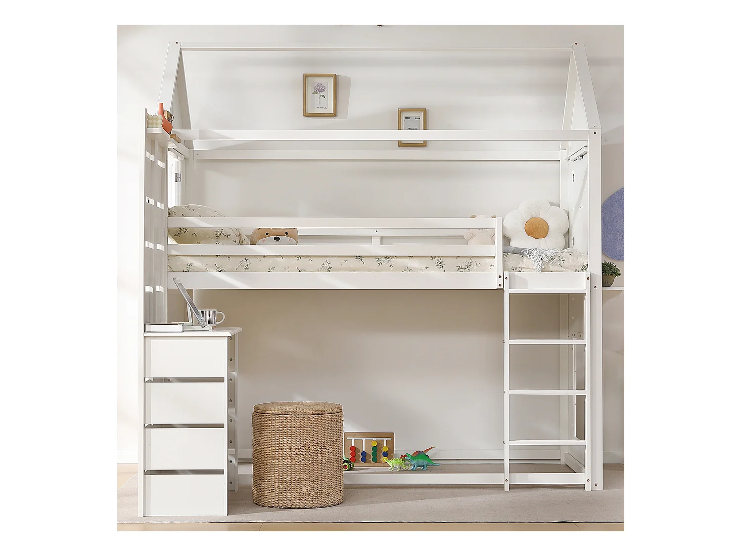 Cama alta 90x200 cm de madera maciza - con escritorio y escalera - Blanco