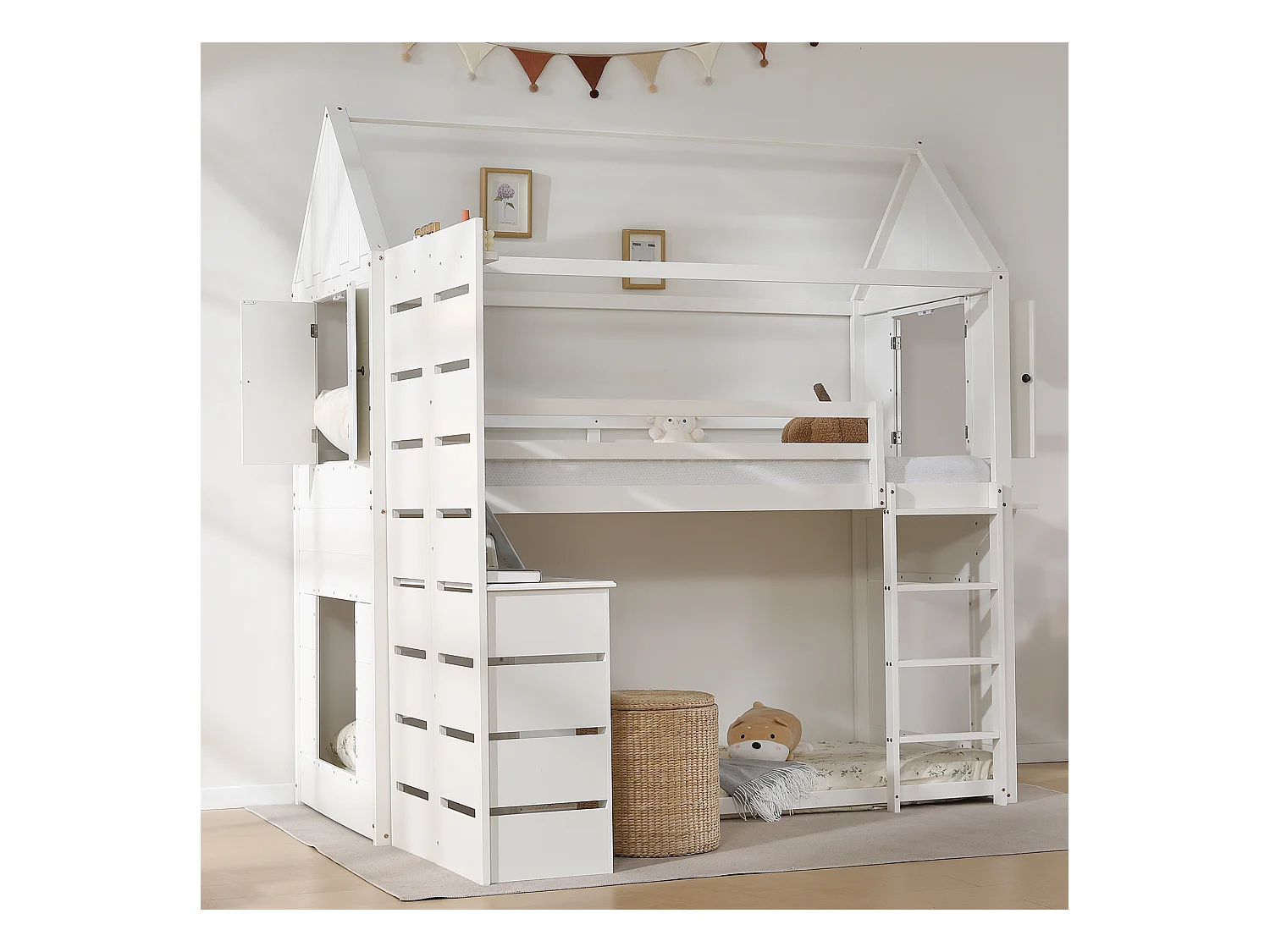 Cama alta 90x200 cm de madera maciza - con escritorio y escalera - Blanco