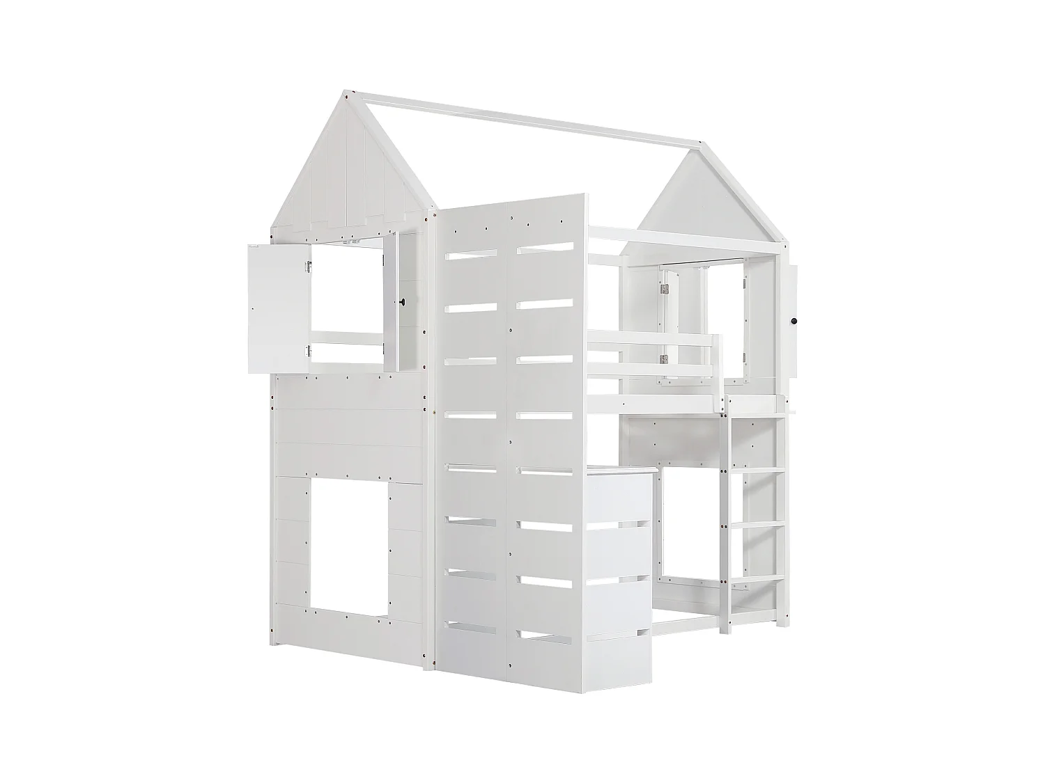 Cama alta 90x200 cm de madera maciza - con escritorio y escalera - Blanco