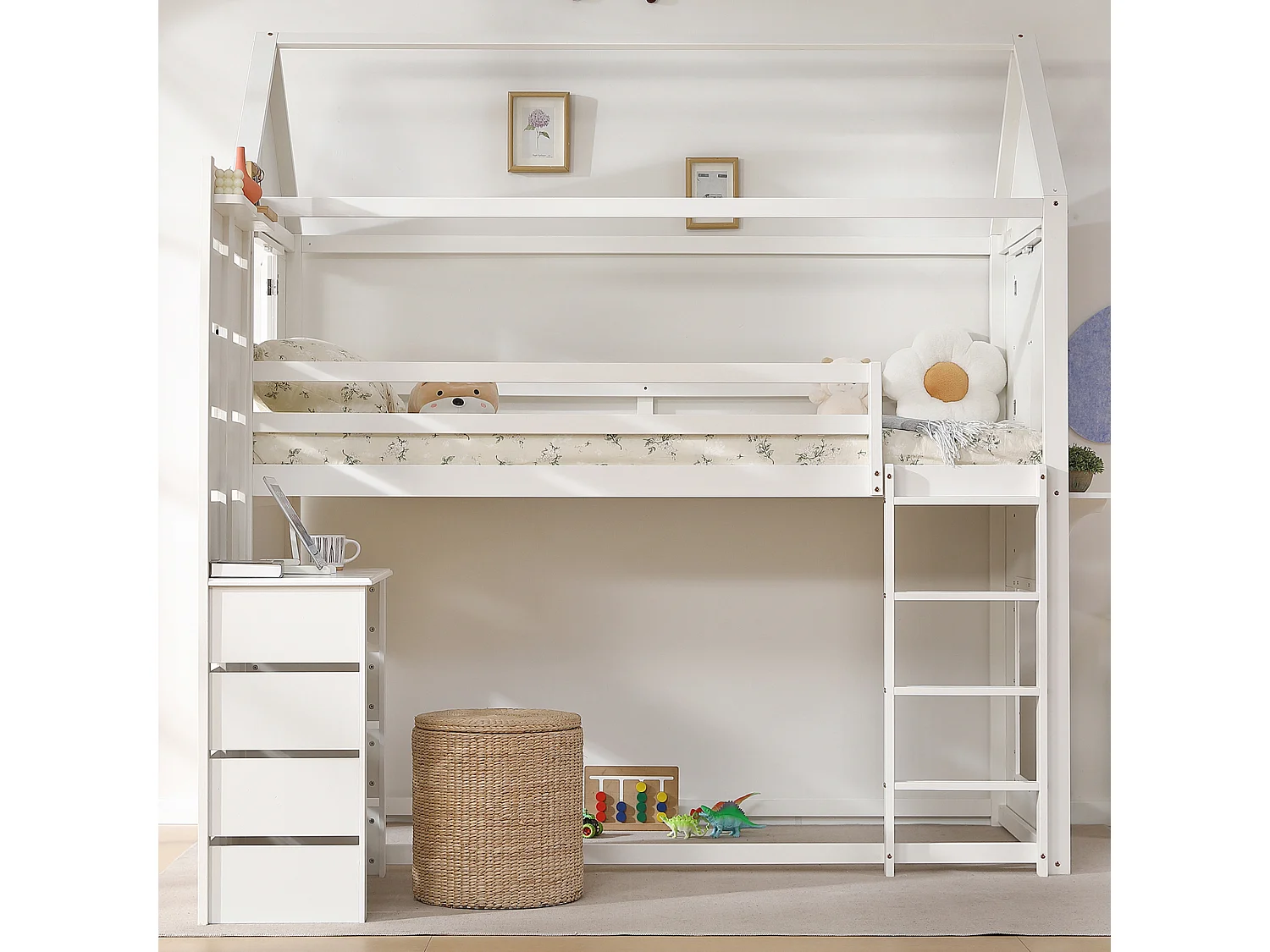 Lit mezzanine 90x200 cm en bois massif - avec bureau et échelle - Blanc