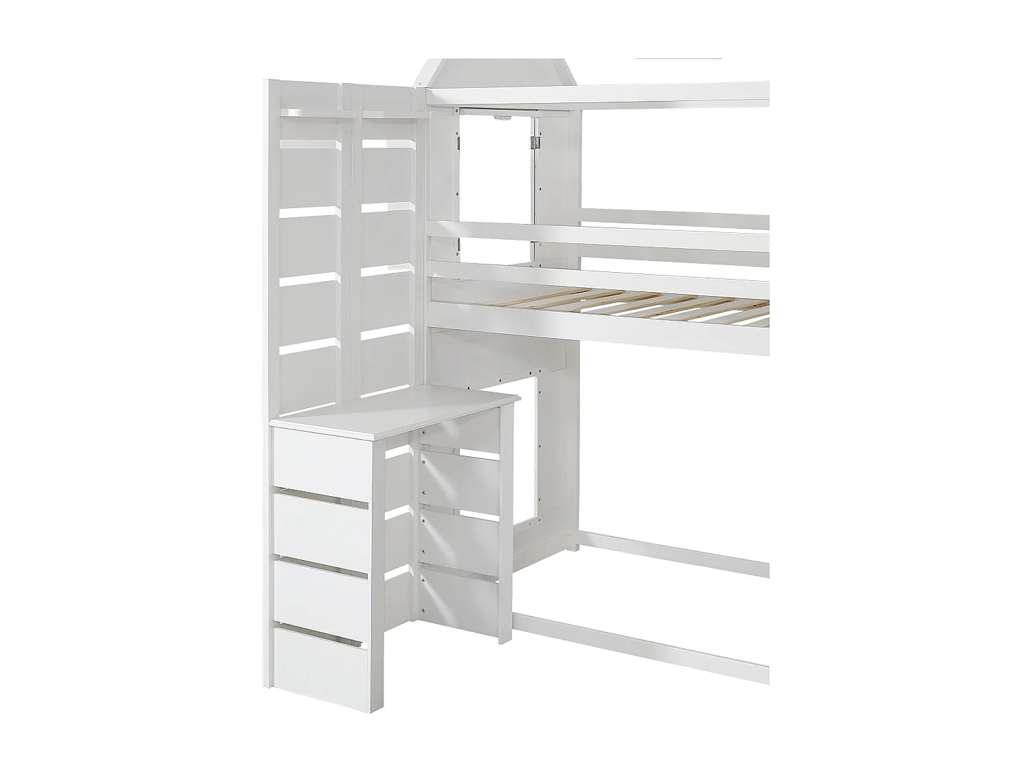 Lit mezzanine 90x200 cm en bois massif - avec bureau et échelle - Blanc