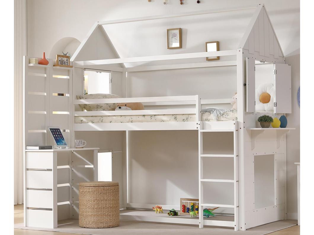 Hoogslaper 90x200 cm in massief hout - met bureau en ladder - Wit