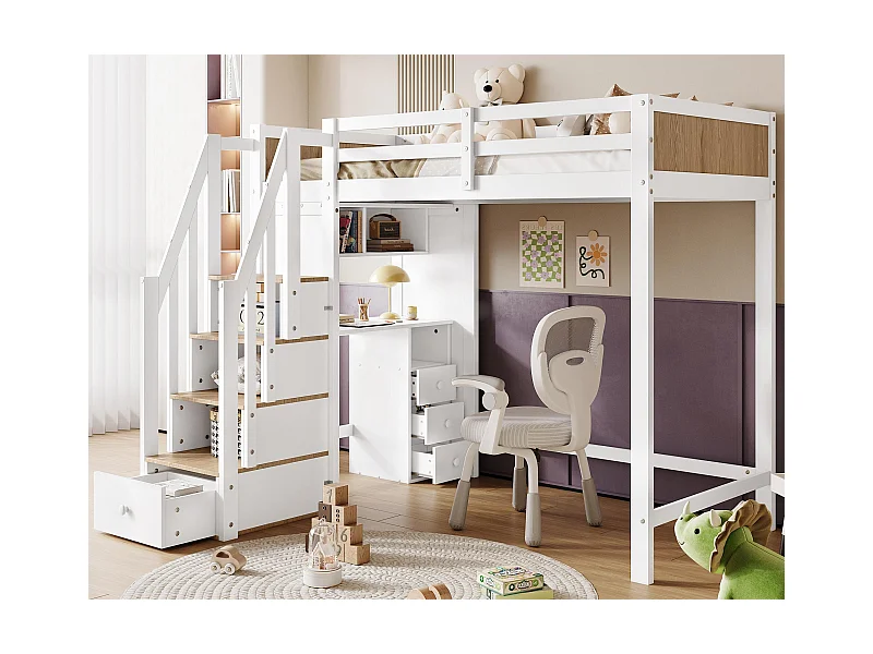 Hochbett aus Holz – 90 x 200 cm – mit Schreibtisch, Regalen und Stauraumtreppe – Weiß