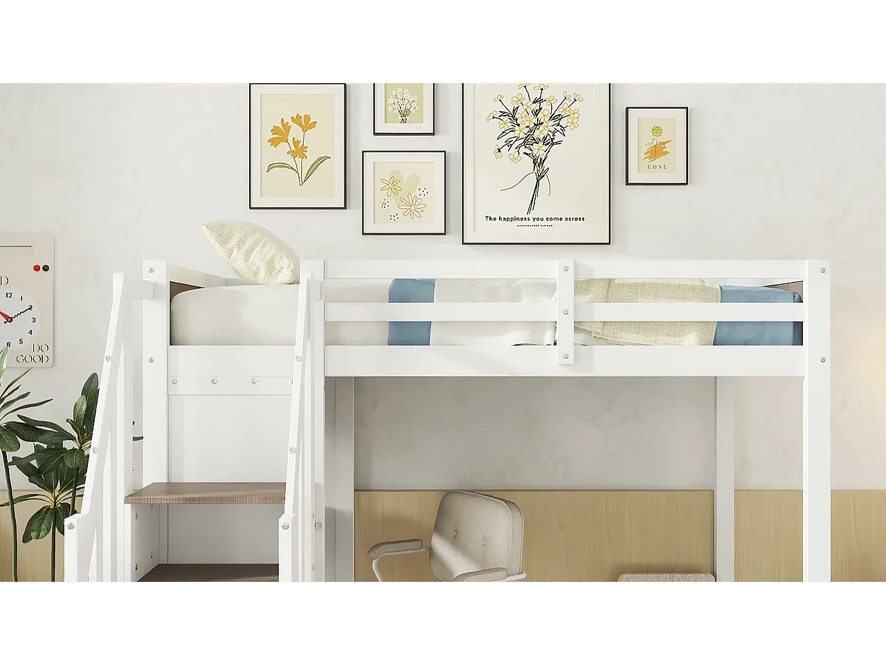 Lit mezzanine en bois - 90x200 cm - avec bureau、étagères et escalier de rangement - Blanc