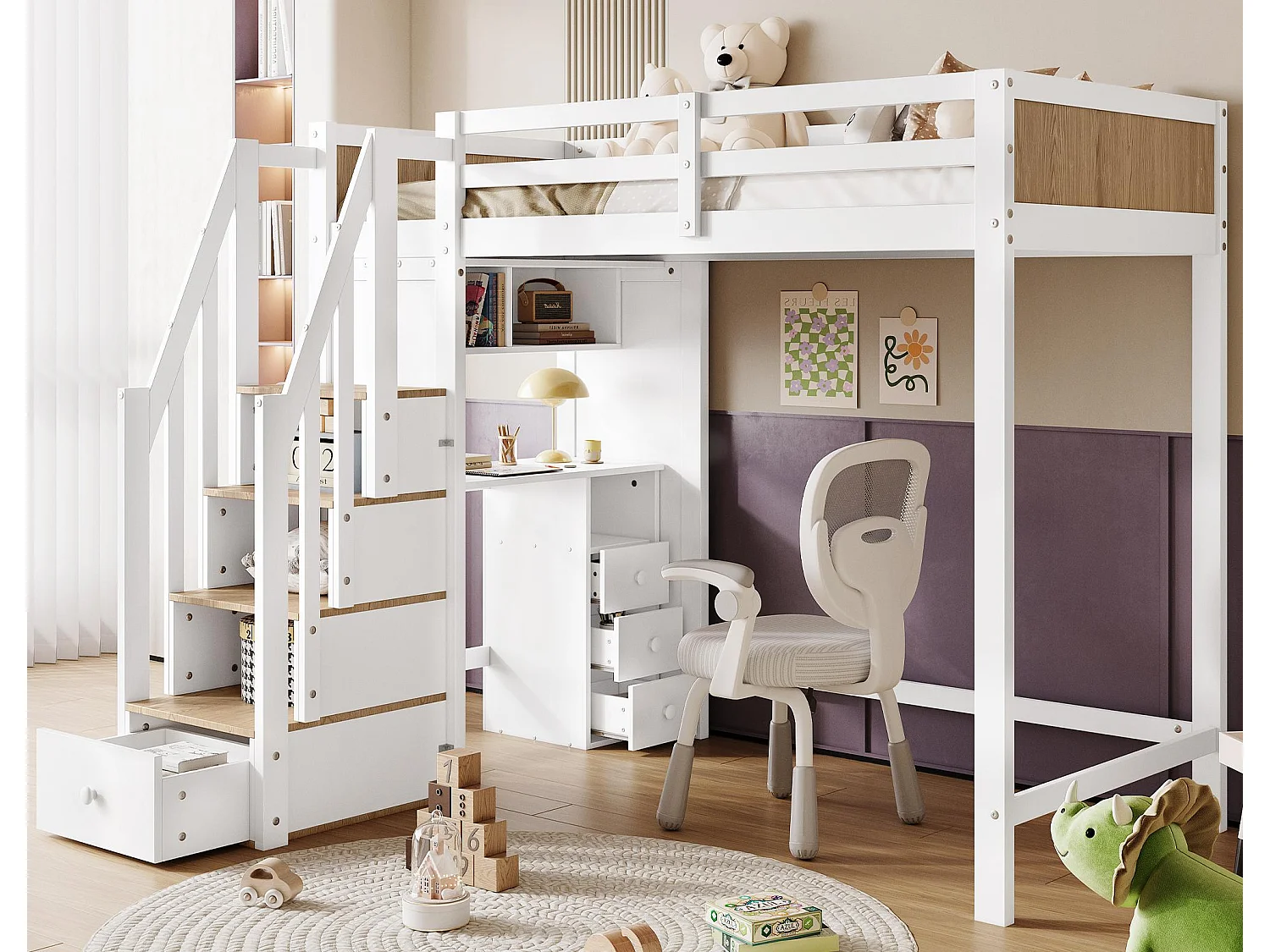 Hochbett aus Holz – 90 x 200 cm – mit Schreibtisch, Regalen und Stauraumtreppe – Weiß