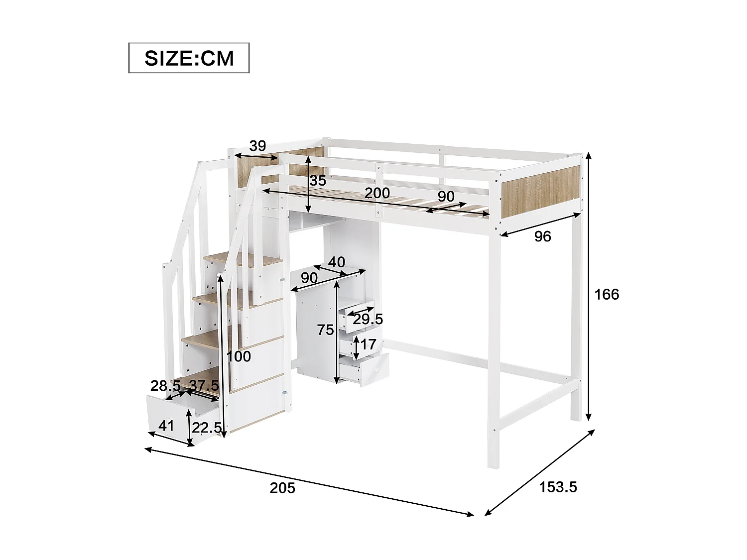 Hochbett aus Holz – 90 x 200 cm – mit Schreibtisch, Regalen und Stauraumtreppe – Weiß