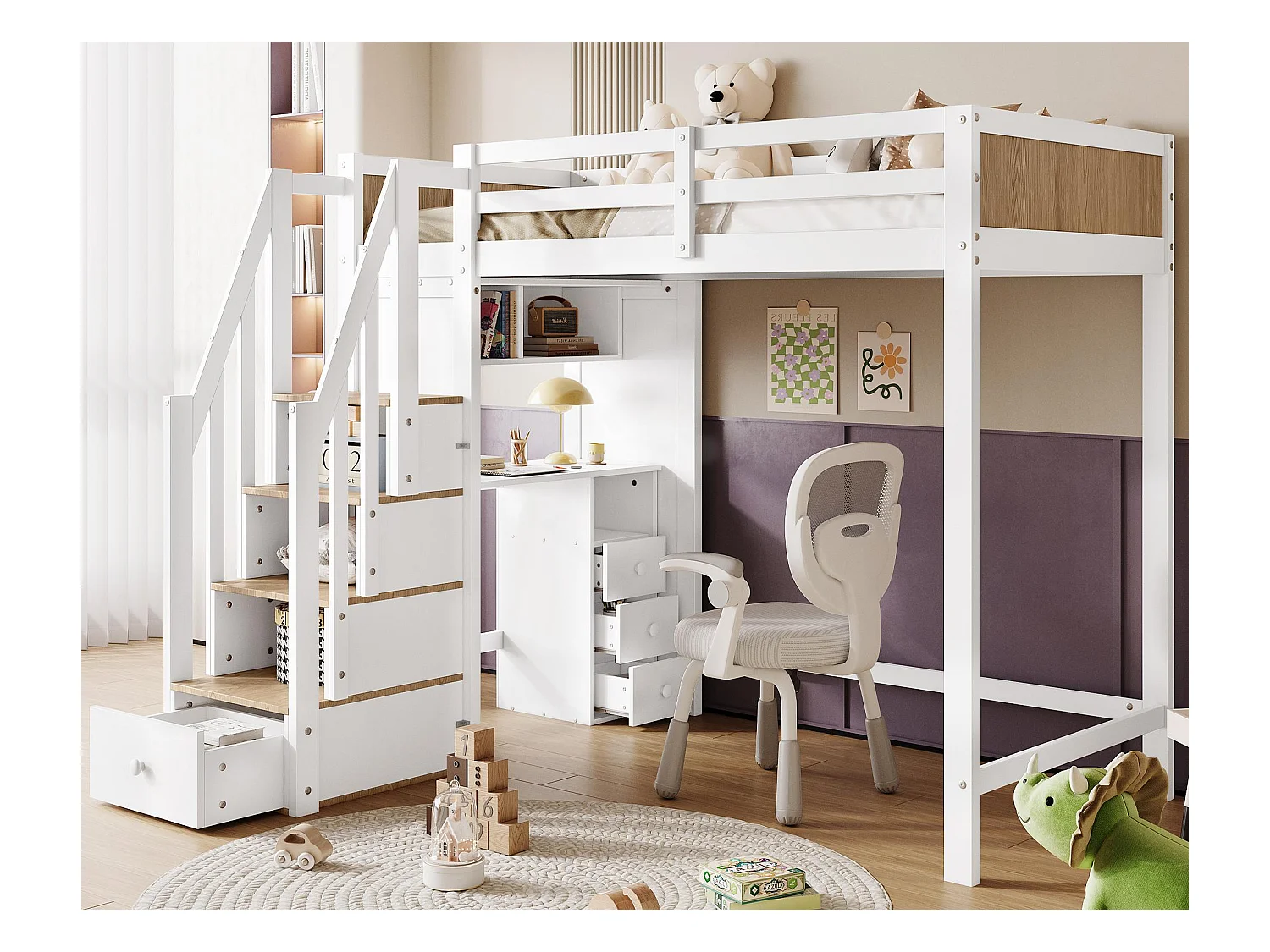 Lit mezzanine en bois - 90x200 cm - avec bureau、étagères et escalier de rangement - Blanc