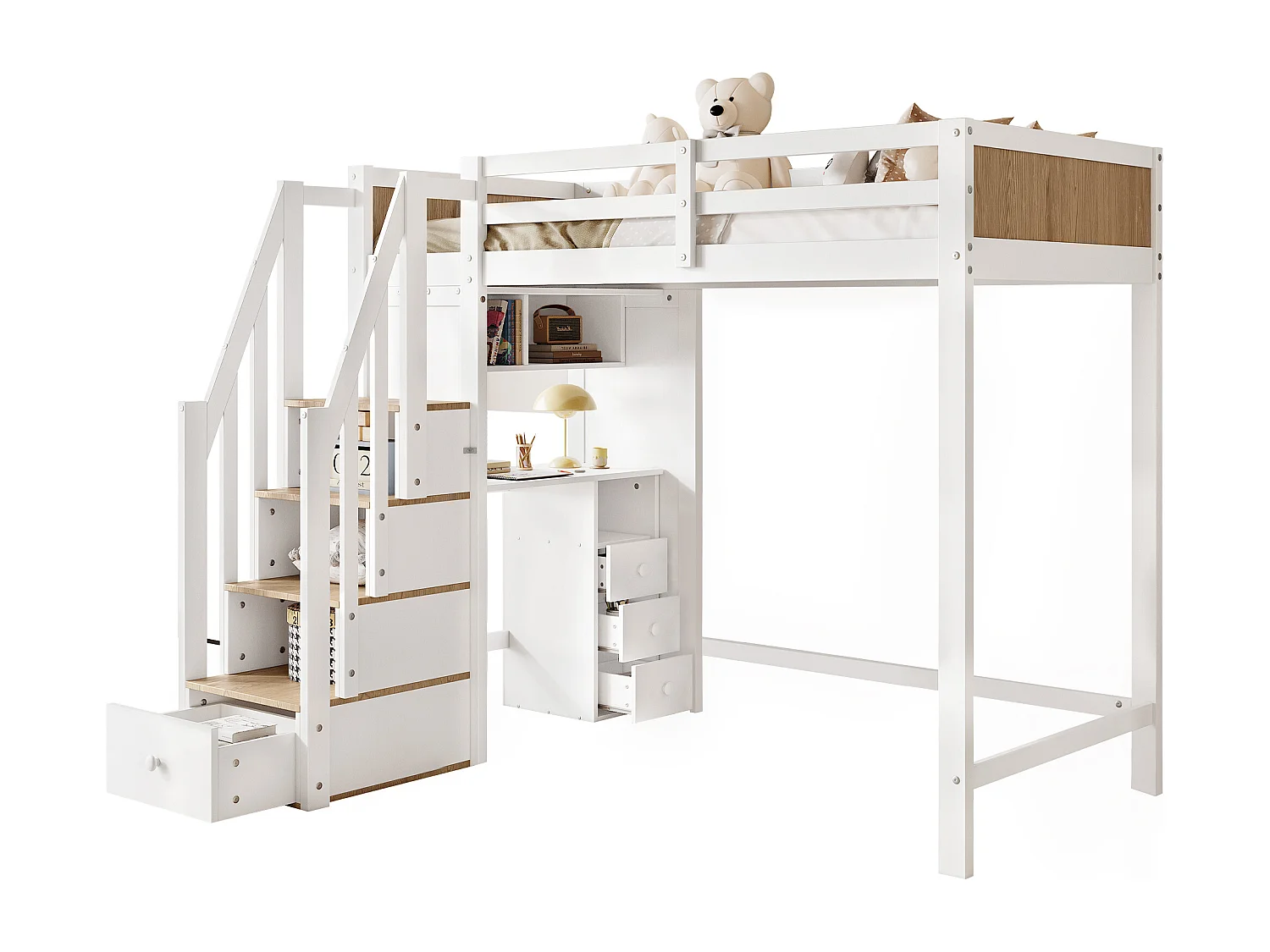 Hochbett aus Holz – 90 x 200 cm – mit Schreibtisch, Regalen und Stauraumtreppe – Weiß