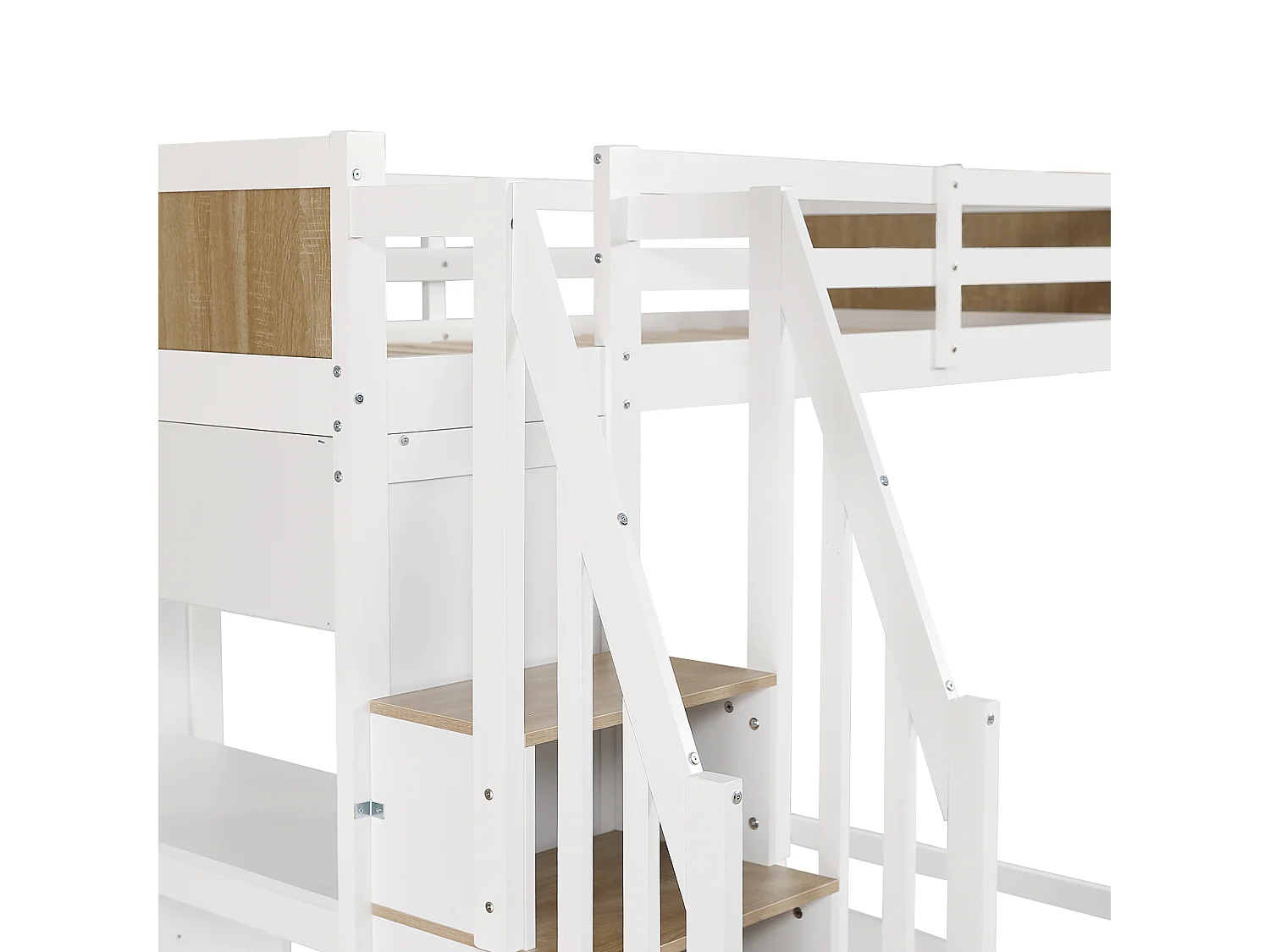 Hochbett aus Holz – 90 x 200 cm – mit Schreibtisch, Regalen und Stauraumtreppe – Weiß