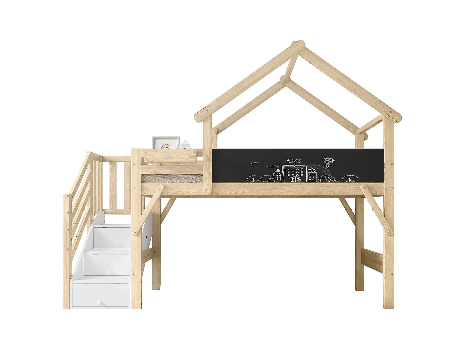 Lit mezzanine 90x200cm en bois - avec tableau noir et escalier de rangement - Naturel