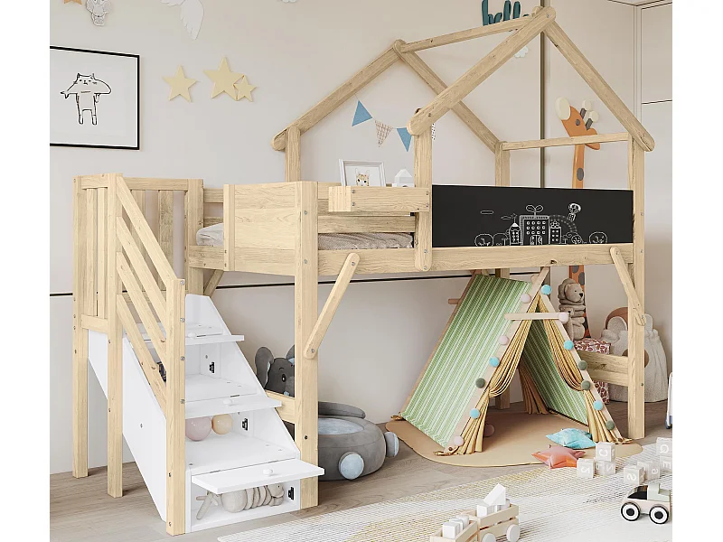Łóżko mezzanine 90x200cm z drewna - z tablicą do pisania i schodami do przechowywania - Naturalne
