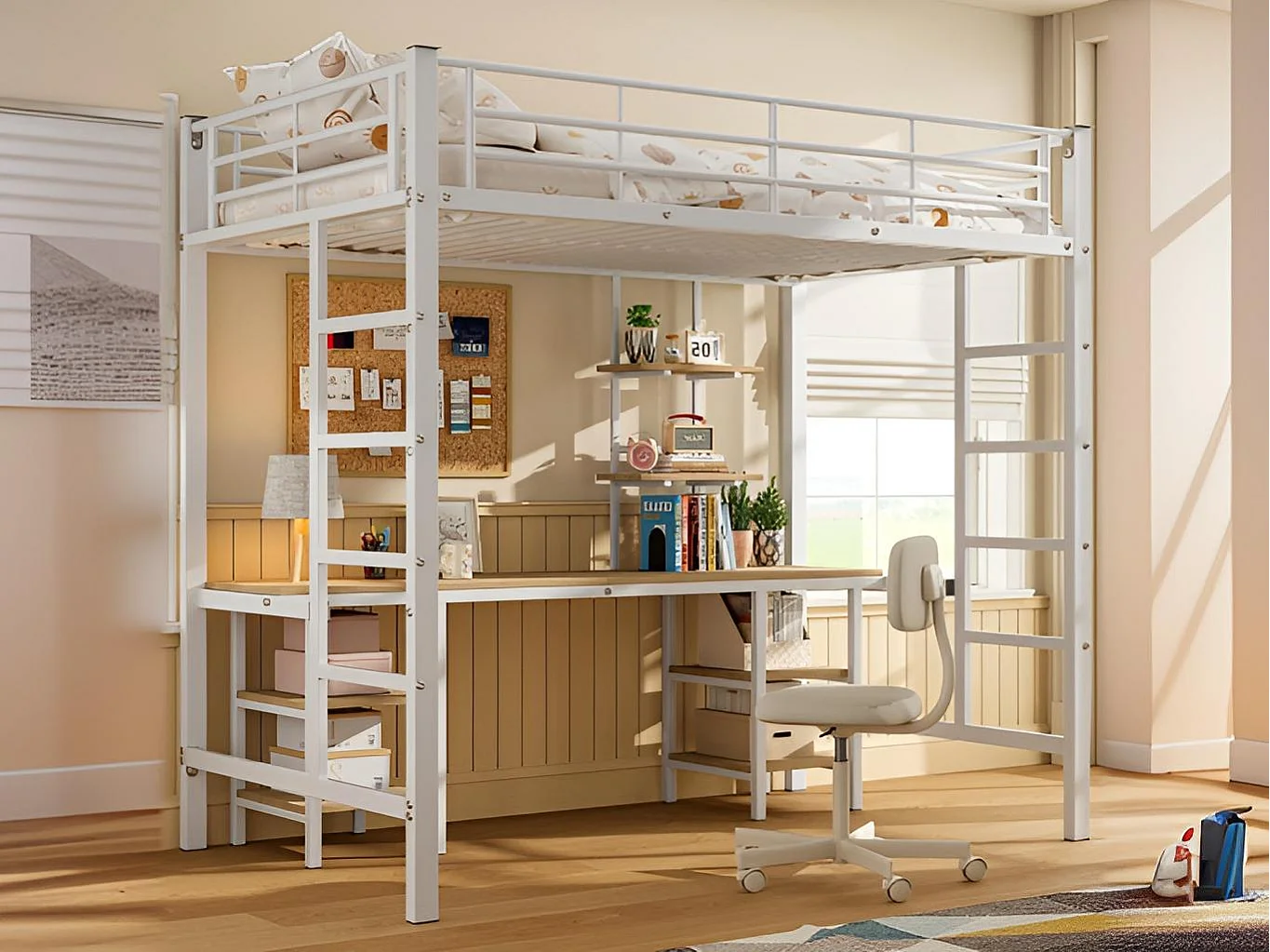 Cama alta 90x200 cm - con escritorio y estantes - estructura de hierro - Blanco