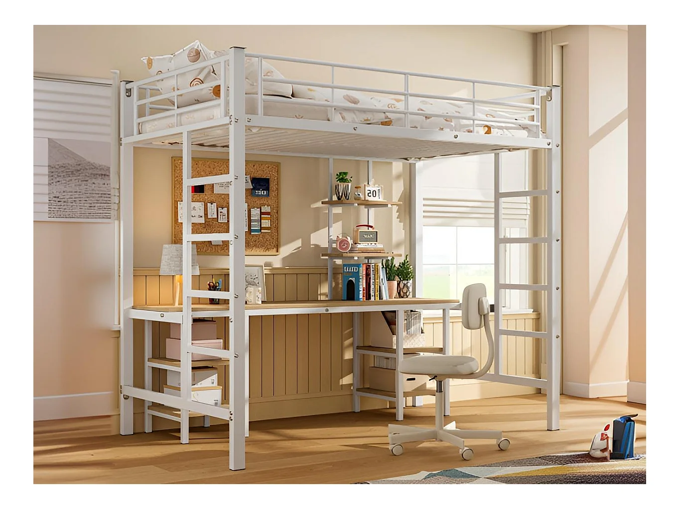Lit mezzanine 90x200 cm - avec bureau et étagères - cadre en fer - Blanc
