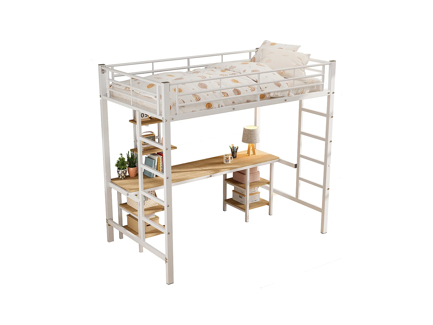 Lit mezzanine 90x200 cm - avec bureau et étagères - cadre en fer - Blanc