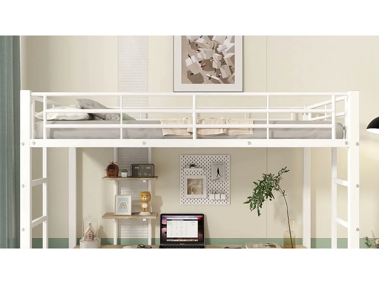 Lit mezzanine 90x200 cm - avec bureau et étagères - cadre en fer - Blanc