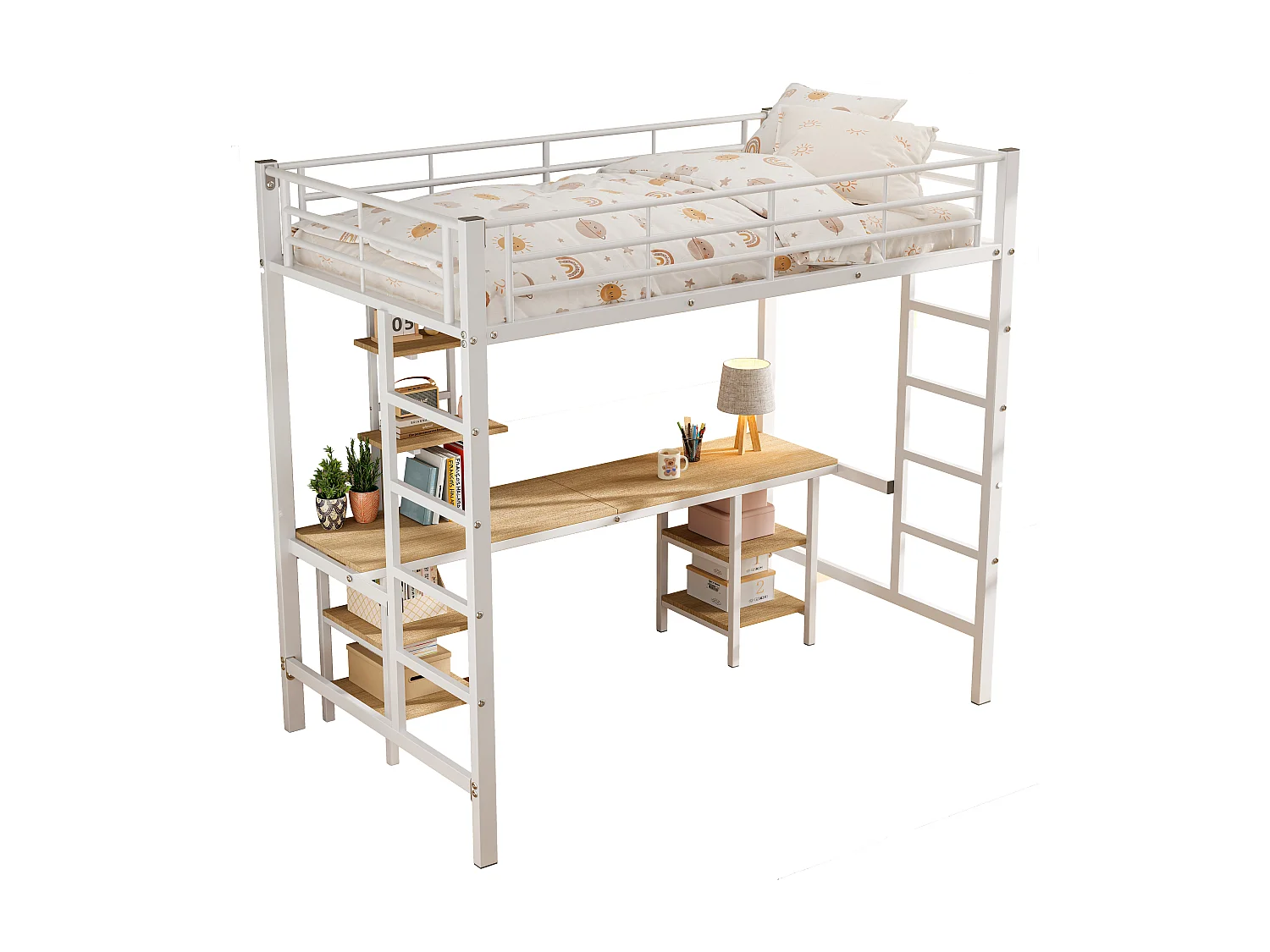 Lit mezzanine 90x200 cm - avec bureau et étagères - cadre en fer - Blanc