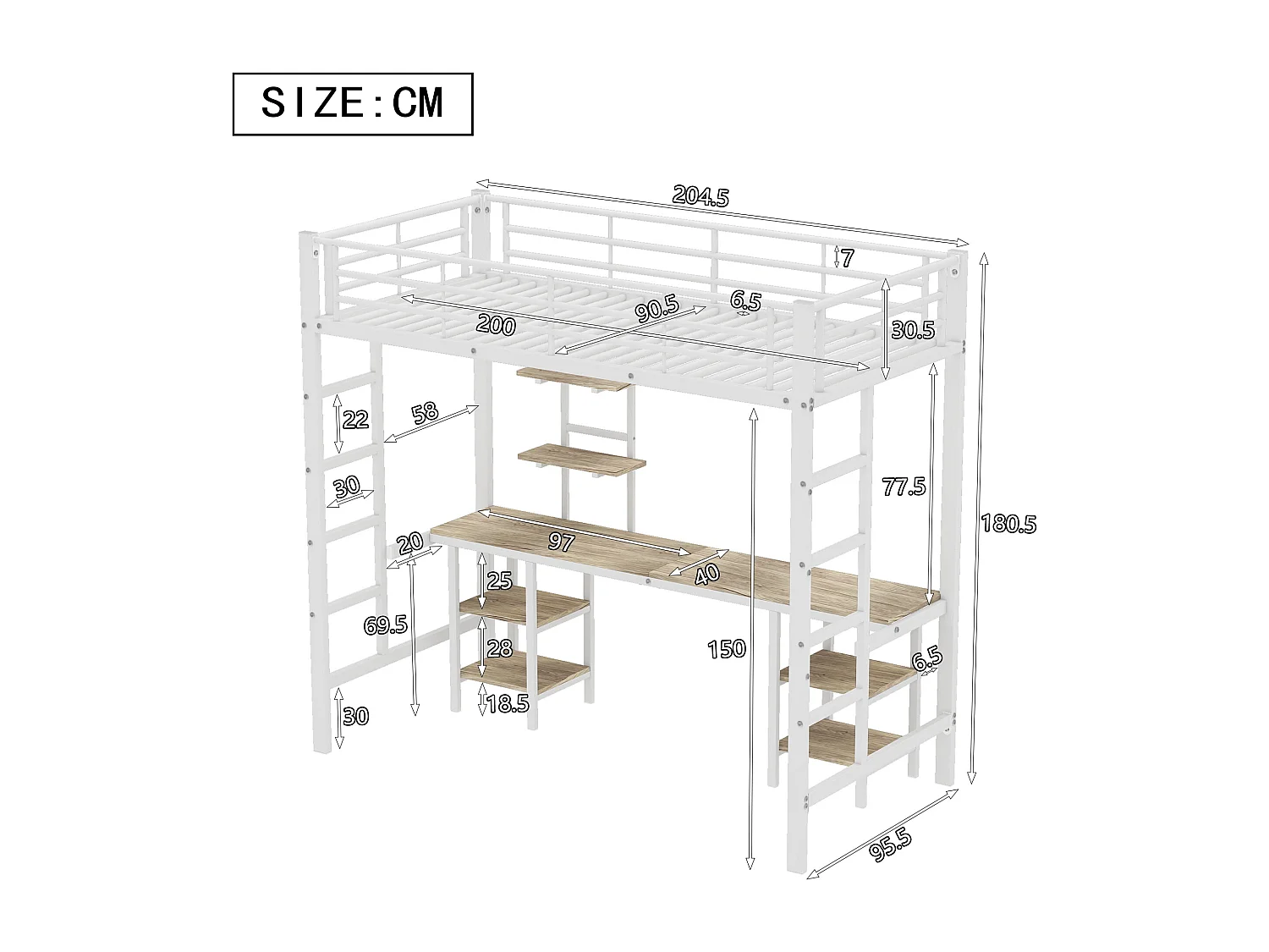 Lit mezzanine 90x200 cm - avec bureau et étagères - cadre en fer - Blanc