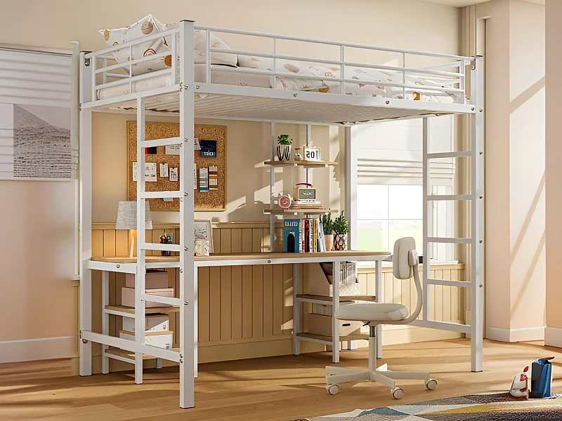 Lit mezzanine 90x200 cm - avec bureau et étagères - cadre en fer - Blanc