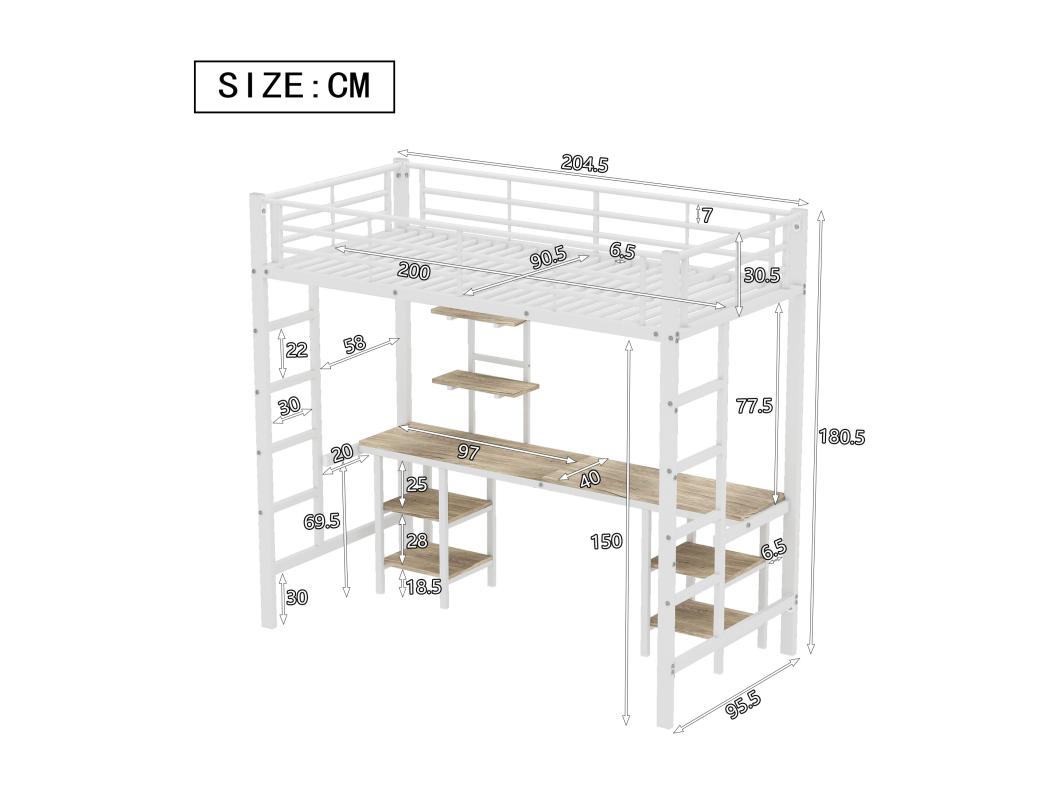Cama alta 90x200 cm - con escritorio y estantes - estructura de hierro - Blanco