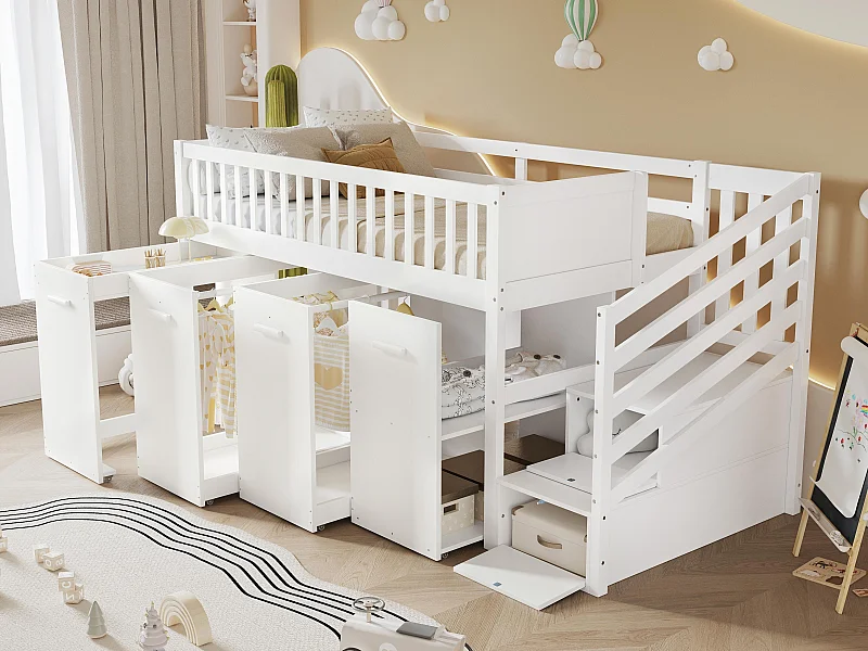 90 x 200 cm großes Hochbett aus Holz – mit abnehmbarem Schreibtisch/Kleiderschrank/Schränken und Stauraumtreppe – Weiß