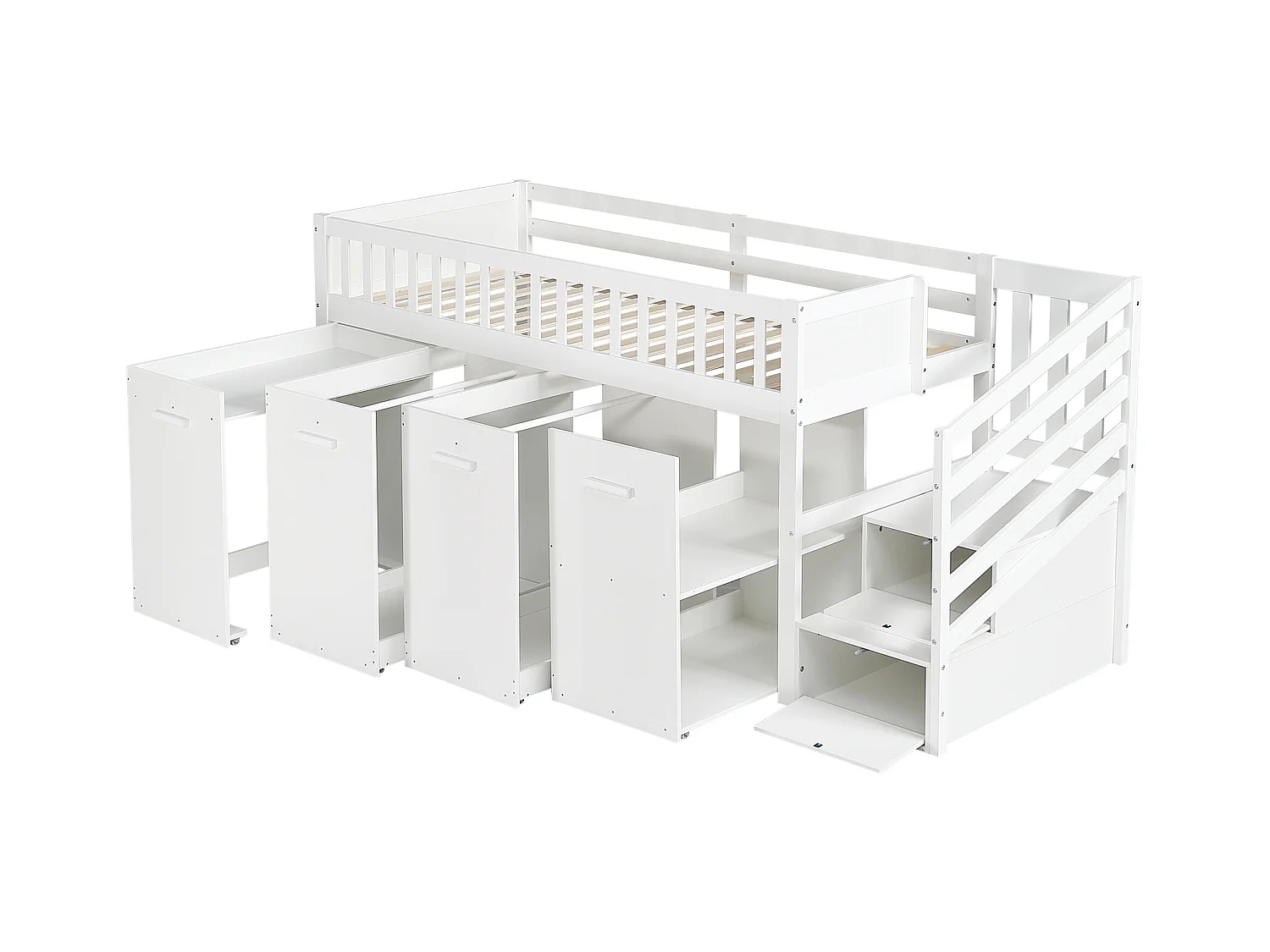 Lit mezzanine 90x200cm en bois - avec bureau/armoire/casiers amovibles et escalier de rangement - Blanc