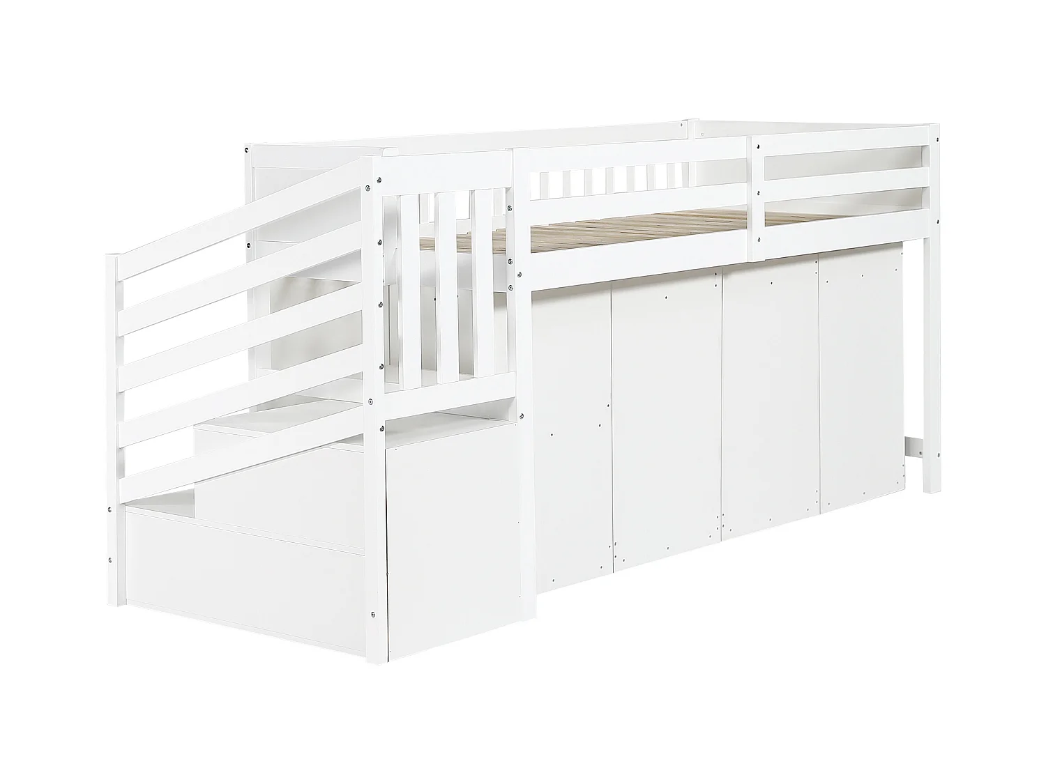 Lit mezzanine 90x200cm en bois - avec bureau/armoire/casiers amovibles et escalier de rangement - Blanc