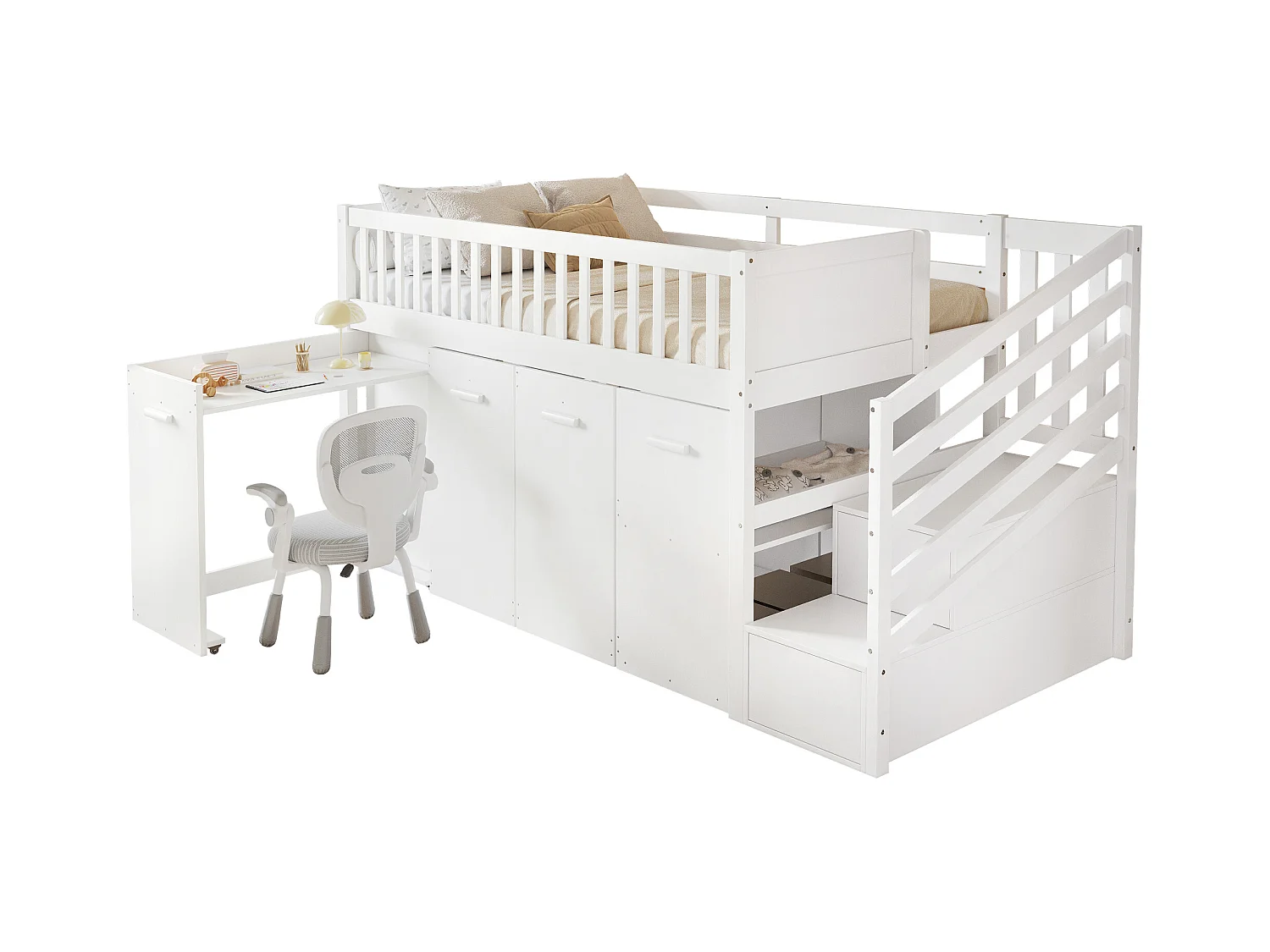 Lit mezzanine 90x200cm en bois - avec bureau/armoire/casiers amovibles et escalier de rangement - Blanc