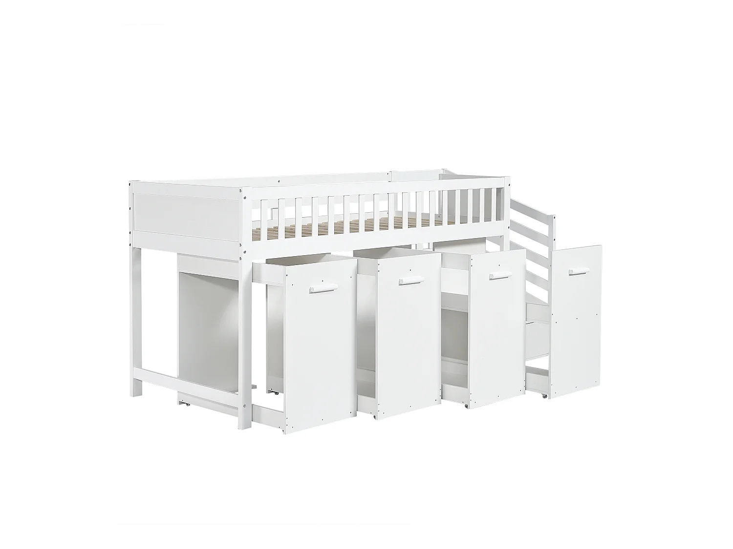 Lit mezzanine 90x200cm en bois - avec bureau/armoire/casiers amovibles et escalier de rangement - Blanc