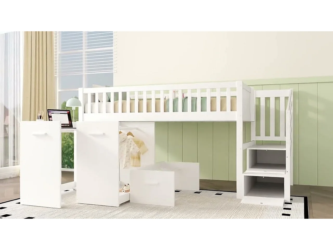 Houten mezzaninebed 90x200cm - met afneembaar bureau/kledingkast/kluisjes en opbergtrap - Wit