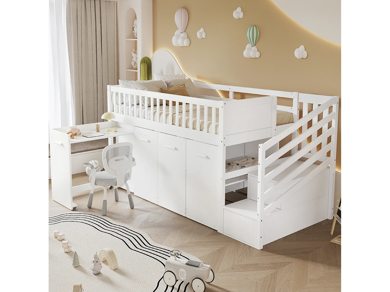 Houten mezzaninebed 90x200cm - met afneembaar bureau/kledingkast/kluisjes en opbergtrap - Wit