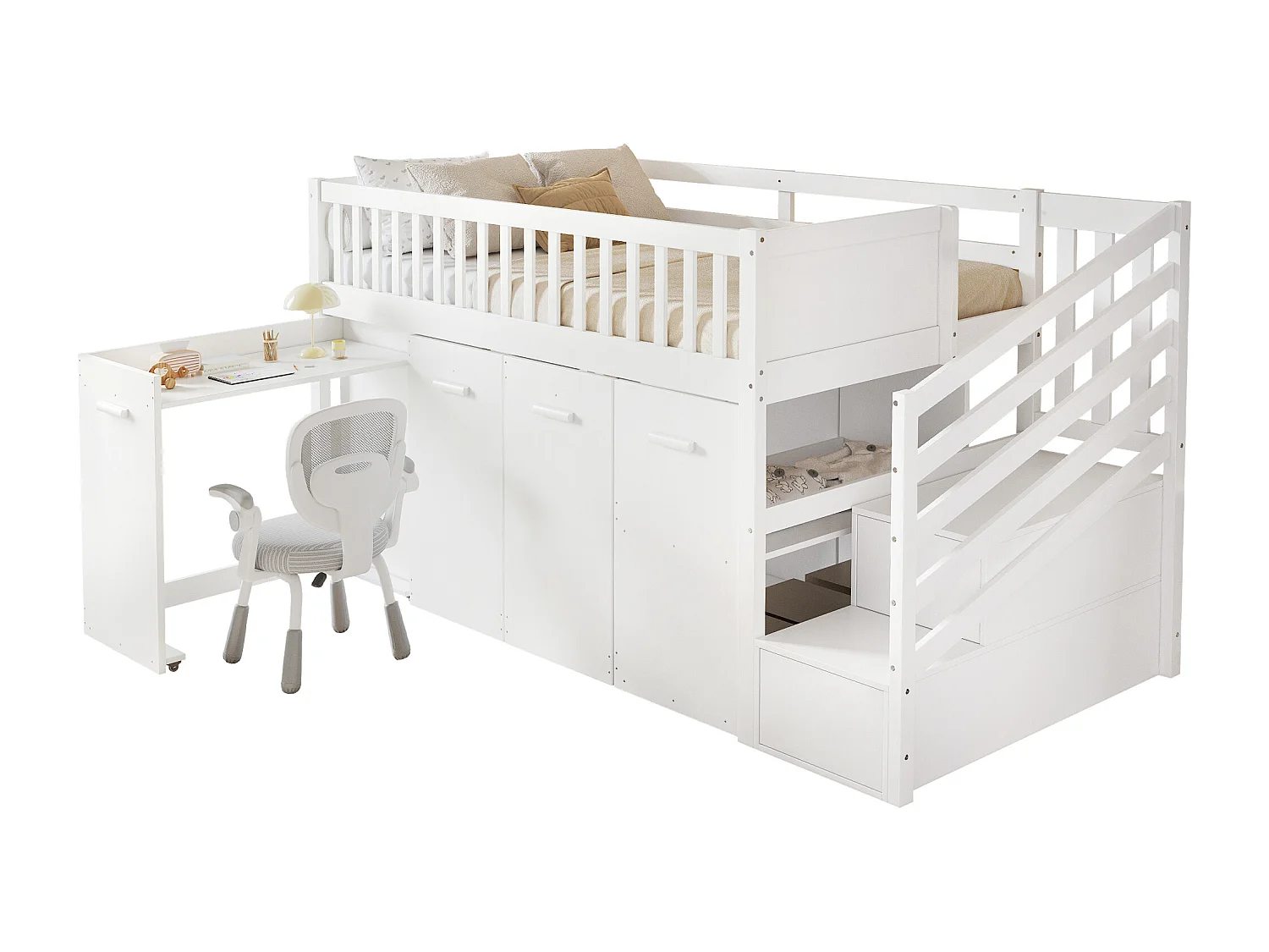 Houten mezzaninebed 90x200cm - met afneembaar bureau/kledingkast/kluisjes en opbergtrap - Wit