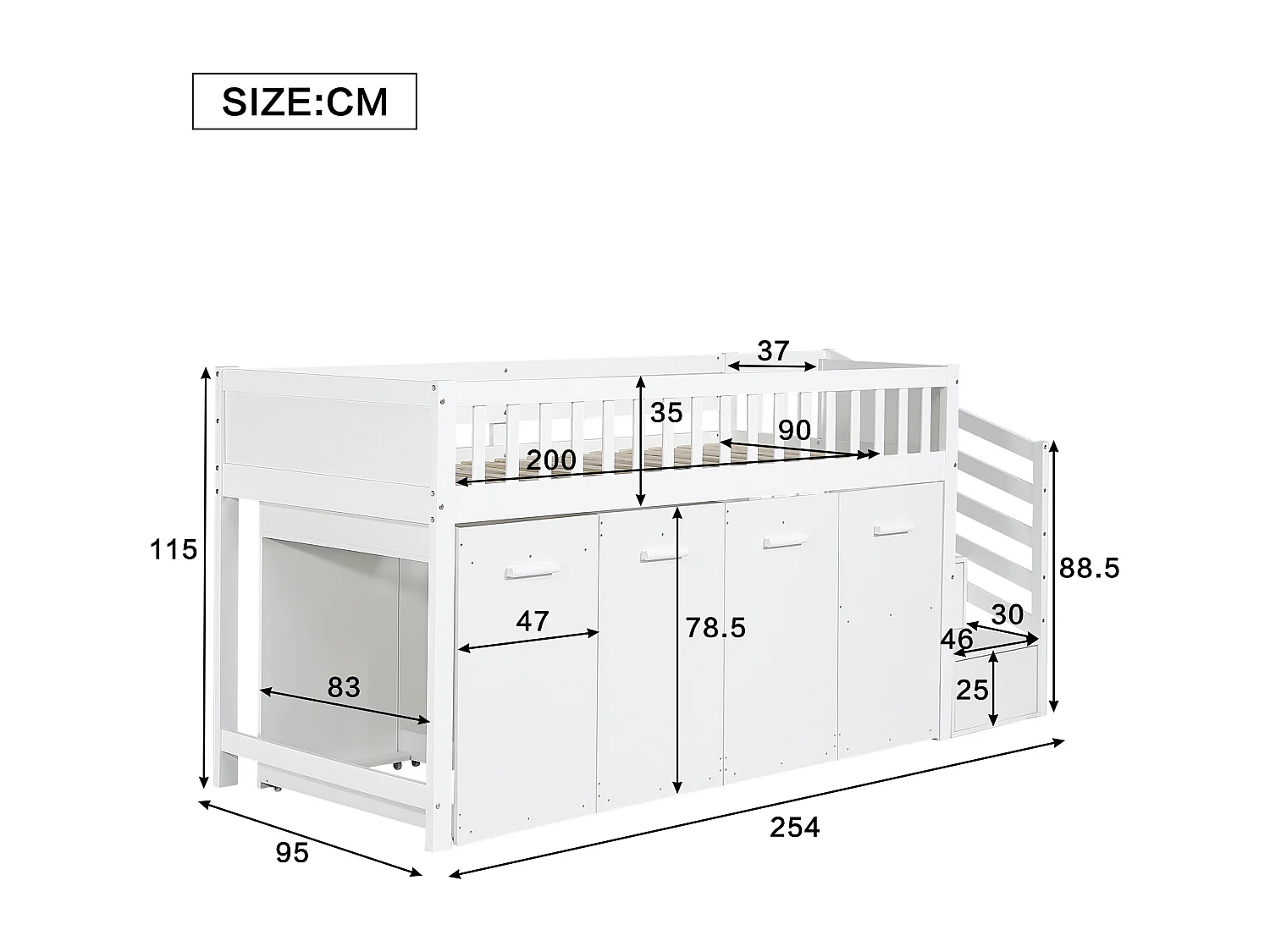 Houten mezzaninebed 90x200cm - met afneembaar bureau/kledingkast/kluisjes en opbergtrap - Wit