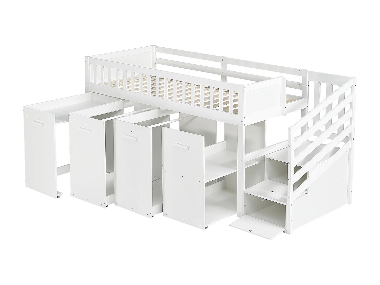 Houten mezzaninebed 90x200cm - met afneembaar bureau/kledingkast/kluisjes en opbergtrap - Wit