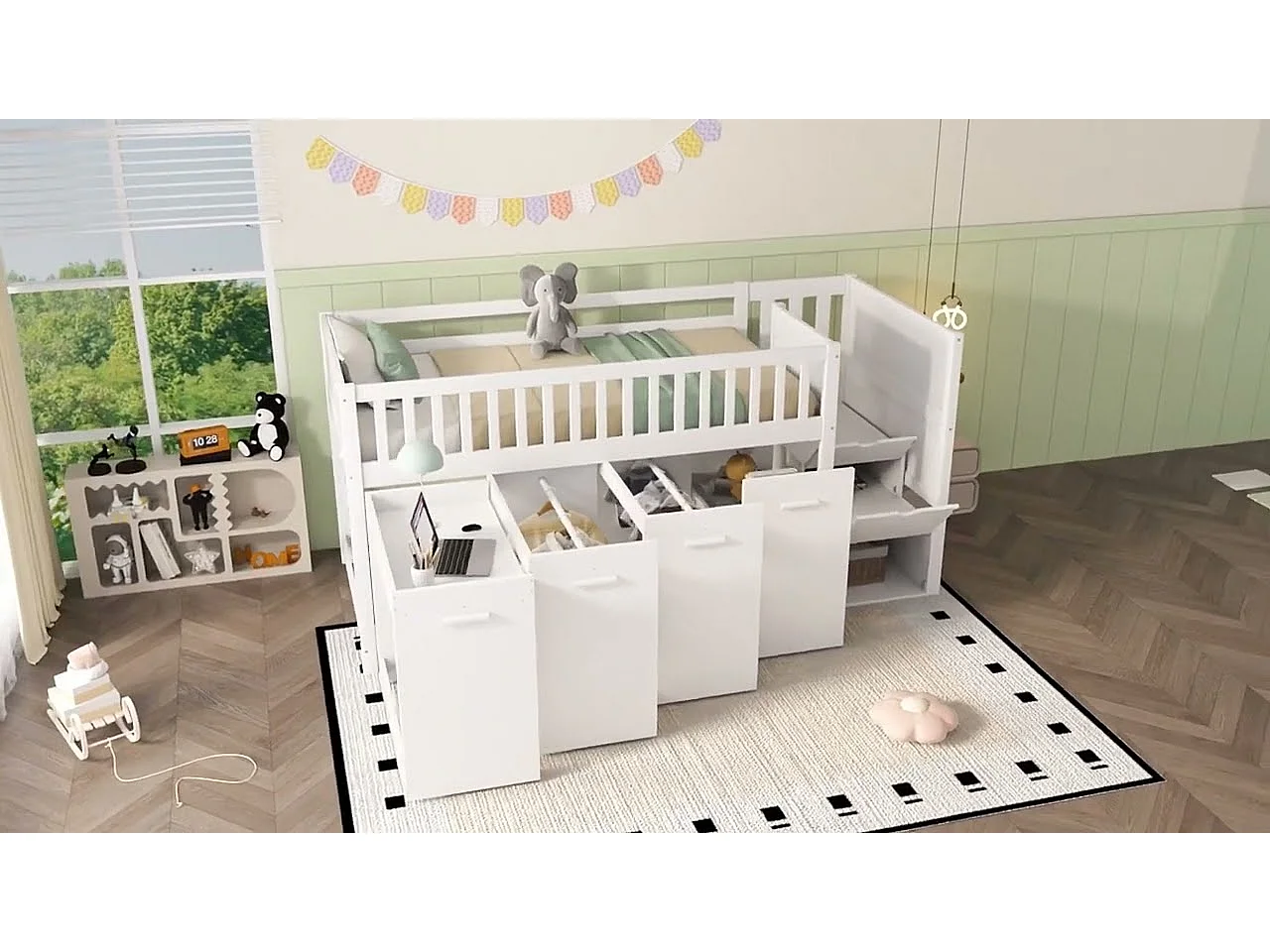 Houten mezzaninebed 90x200cm - met afneembaar bureau/kledingkast/kluisjes en opbergtrap - Wit