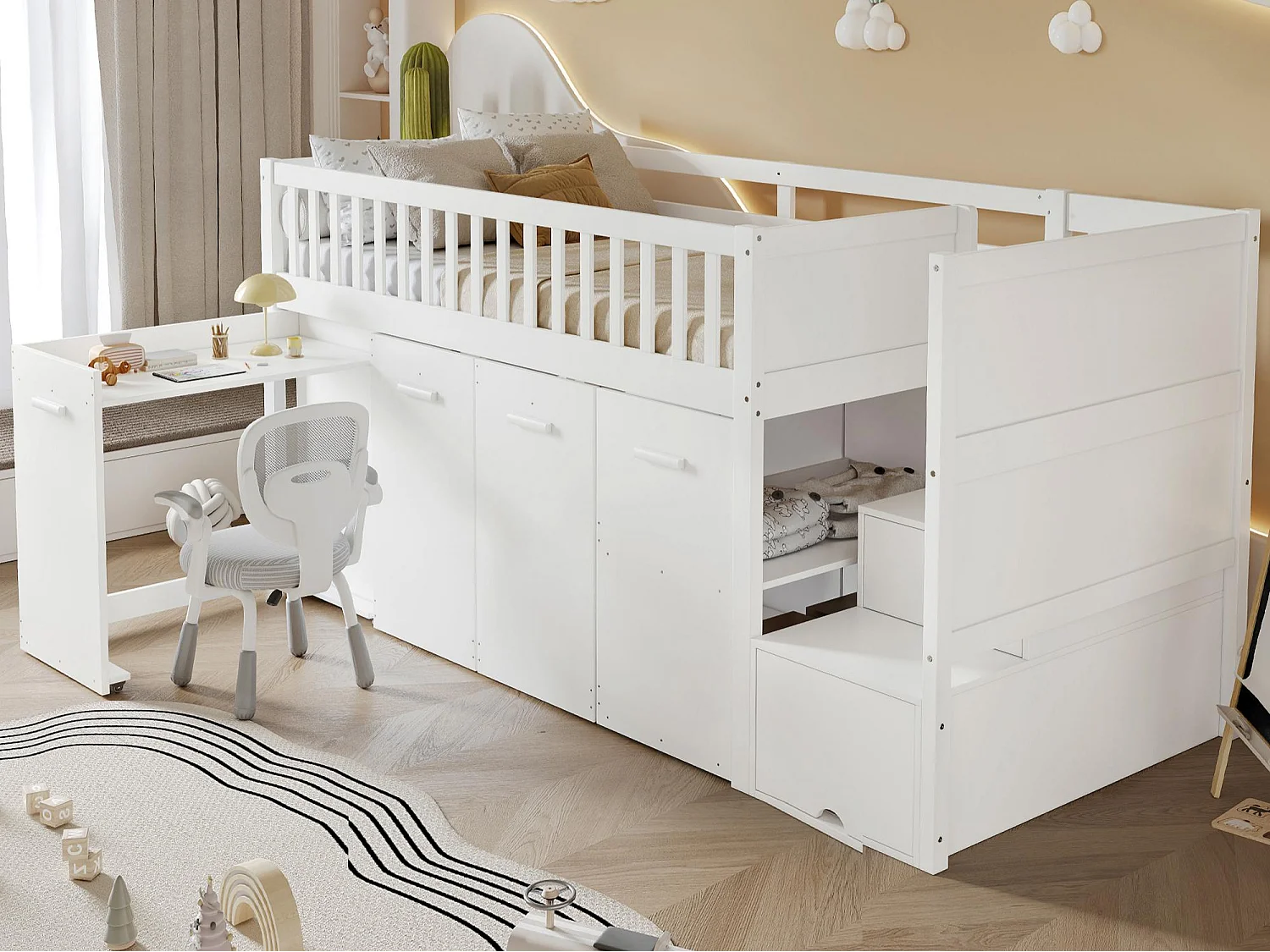 Houten mezzaninebed 90x200cm - met afneembaar bureau/kledingkast/kluisjes en opbergtrap - Wit