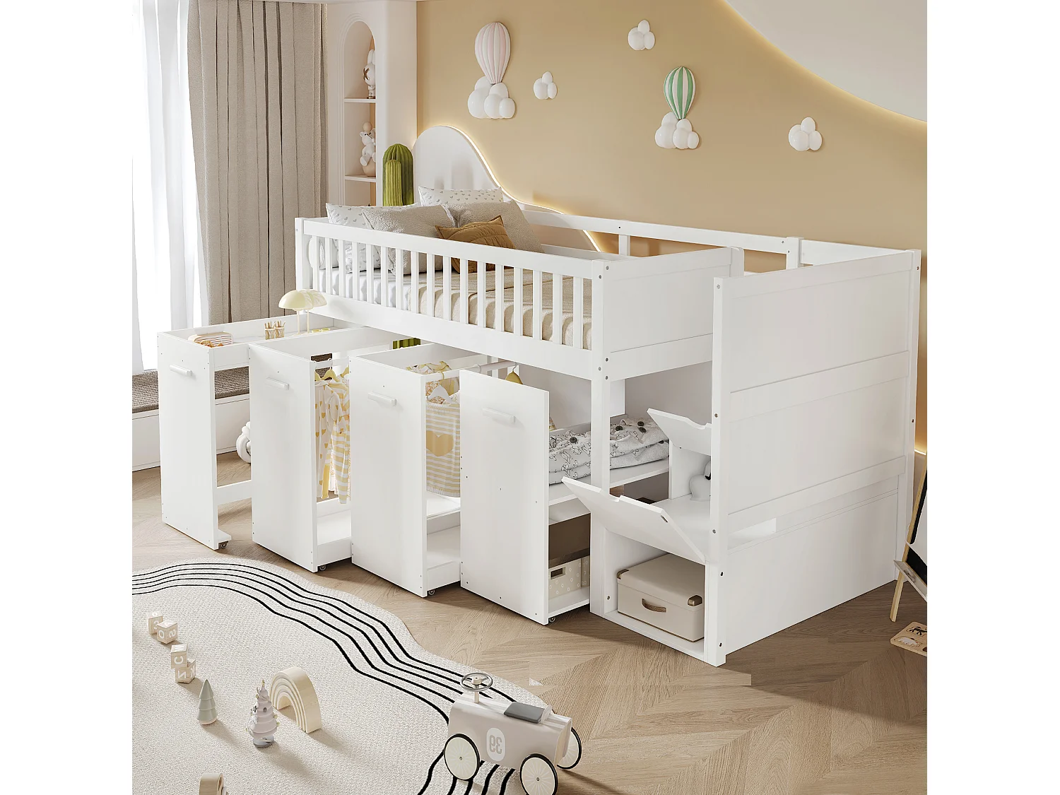 Houten mezzaninebed 90x200cm - met afneembaar bureau/kledingkast/kluisjes en opbergtrap - Wit