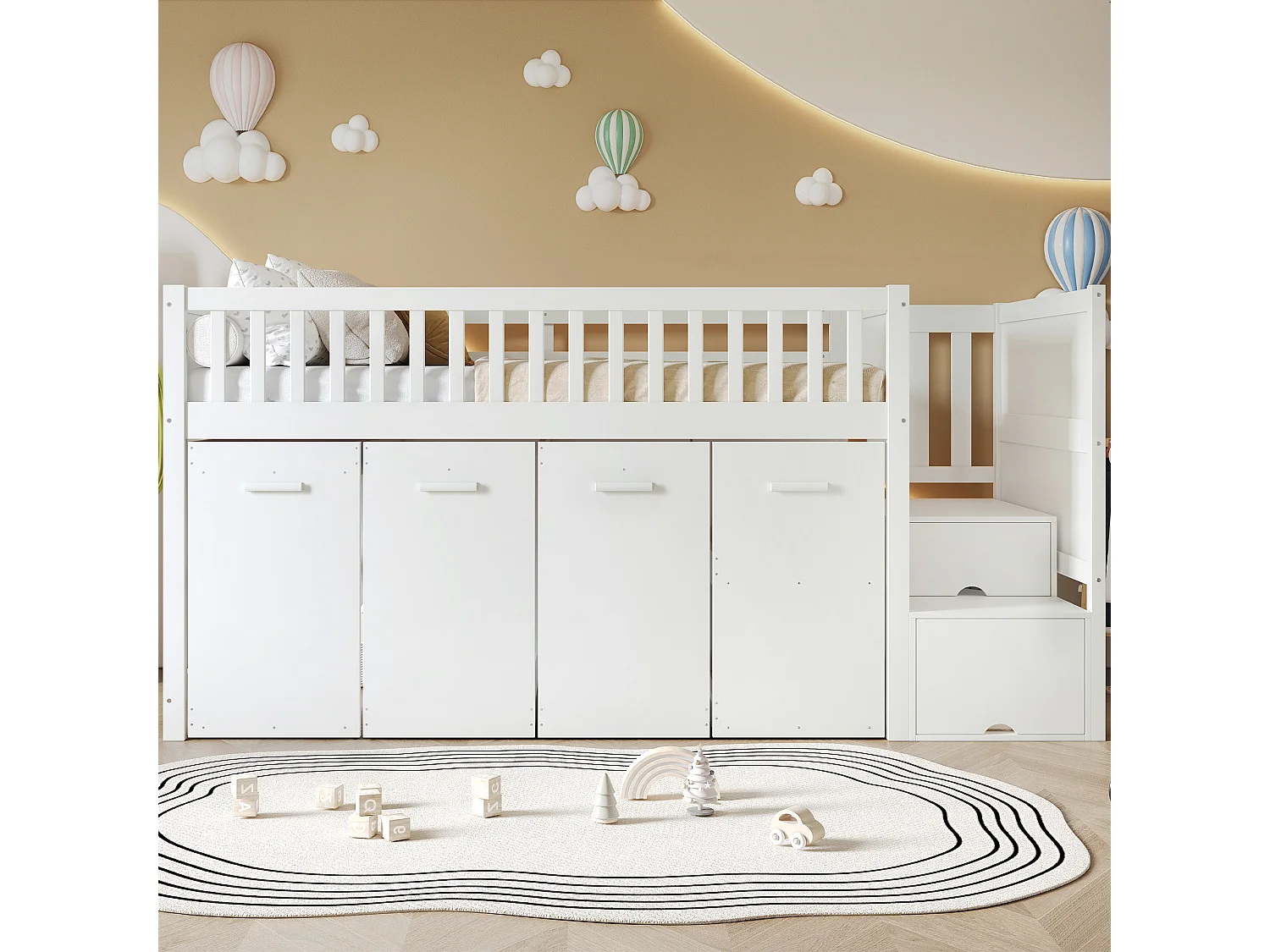 Houten mezzaninebed 90x200cm - met afneembaar bureau/kledingkast/kluisjes en opbergtrap - Wit