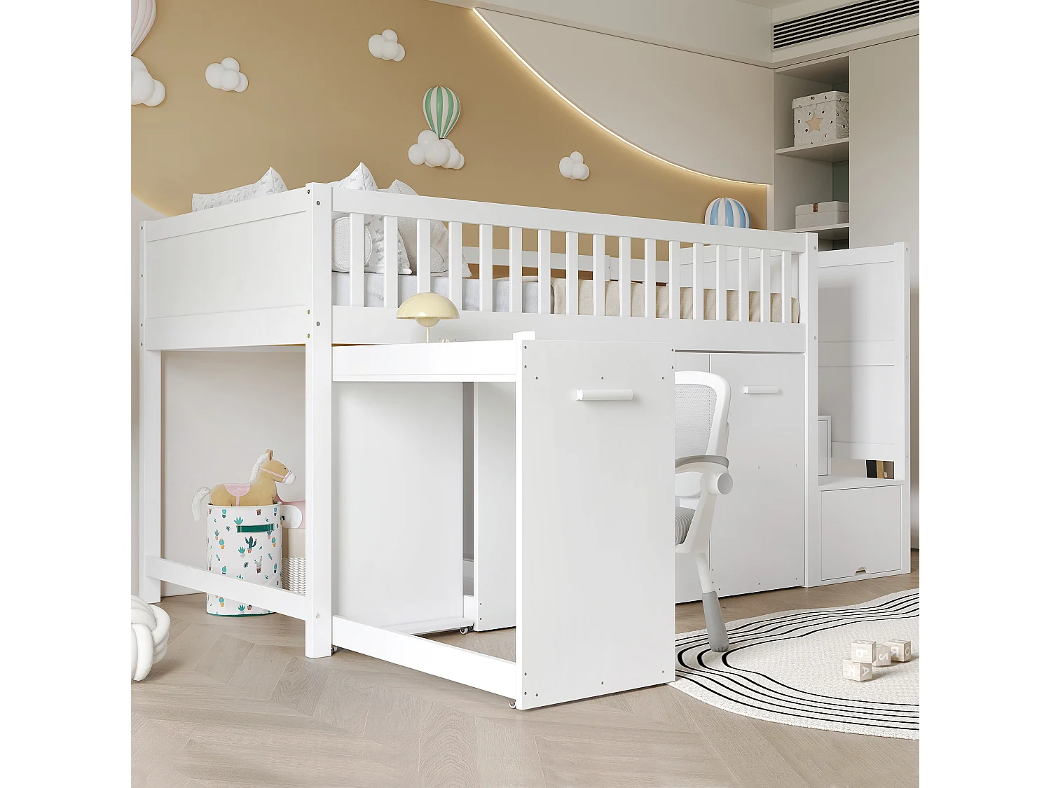 Houten mezzaninebed 90x200cm - met afneembaar bureau/kledingkast/kluisjes en opbergtrap - Wit