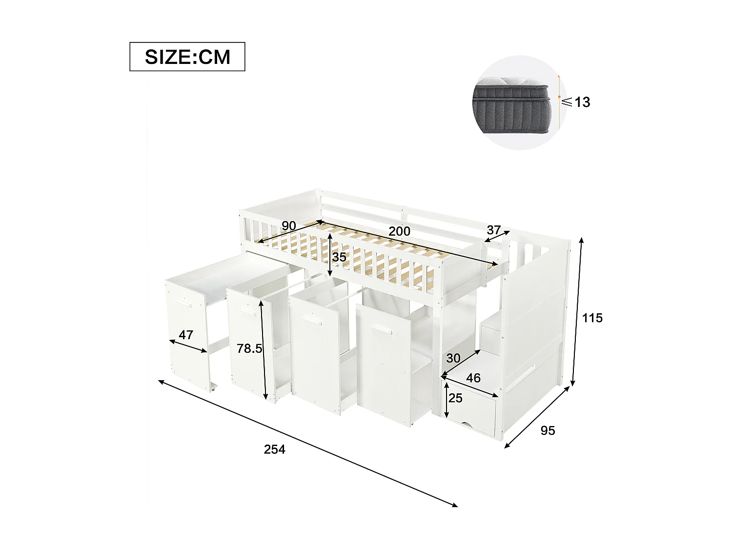 Houten mezzaninebed 90x200cm - met afneembaar bureau/kledingkast/kluisjes en opbergtrap - Wit