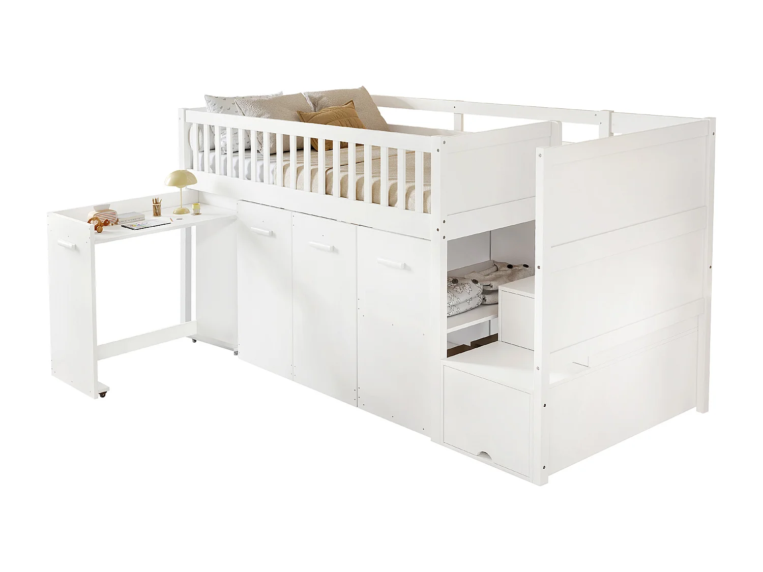 Houten mezzaninebed 90x200cm - met afneembaar bureau/kledingkast/kluisjes en opbergtrap - Wit