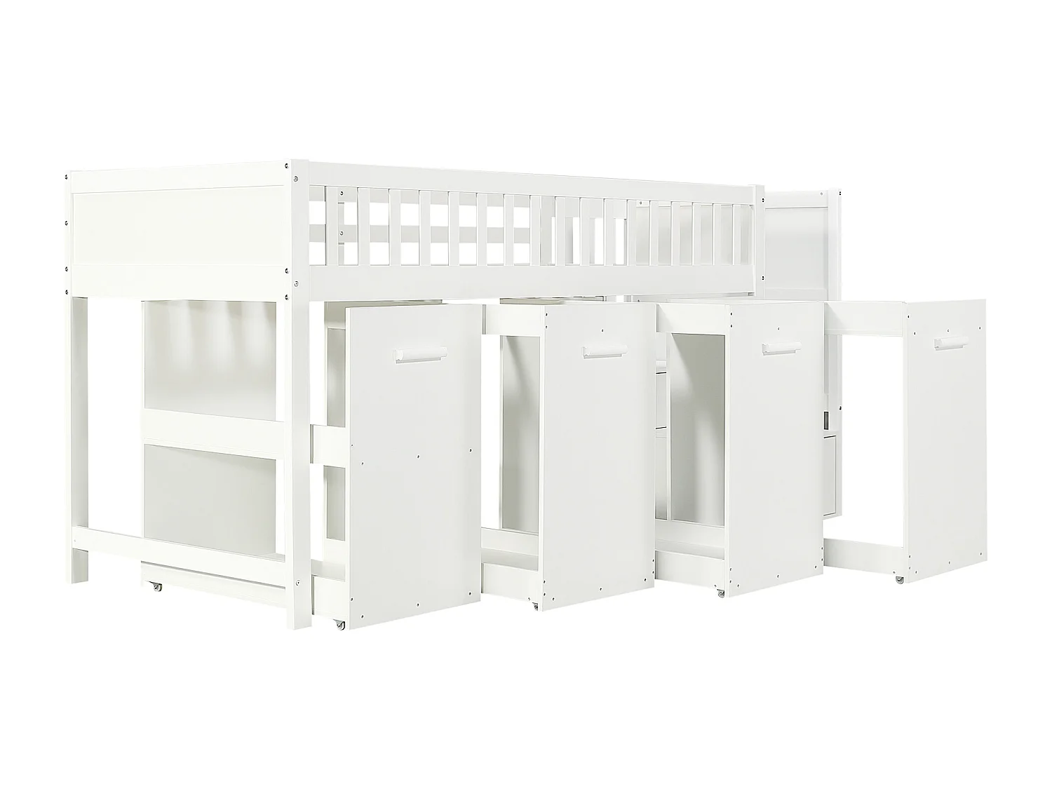 Houten mezzaninebed 90x200cm - met afneembaar bureau/kledingkast/kluisjes en opbergtrap - Wit