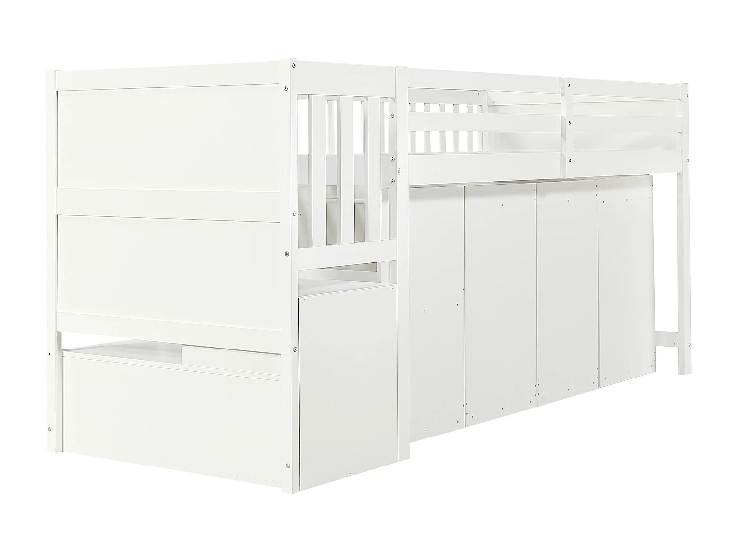 Houten mezzaninebed 90x200cm - met afneembaar bureau/kledingkast/kluisjes en opbergtrap - Wit