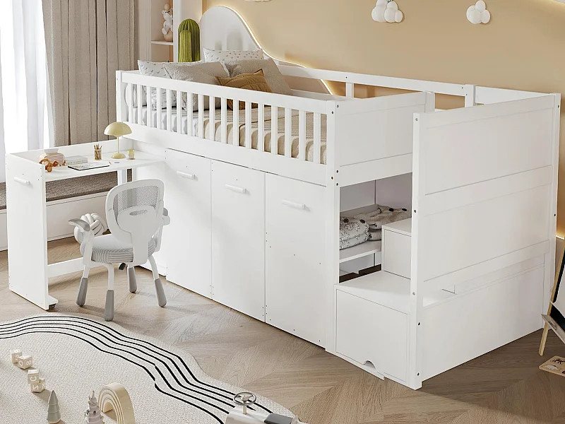 Lit mezzanine 90x200cm en bois - avec bureau/armoire/casiers amovibles et escalier de rangement - Blanc